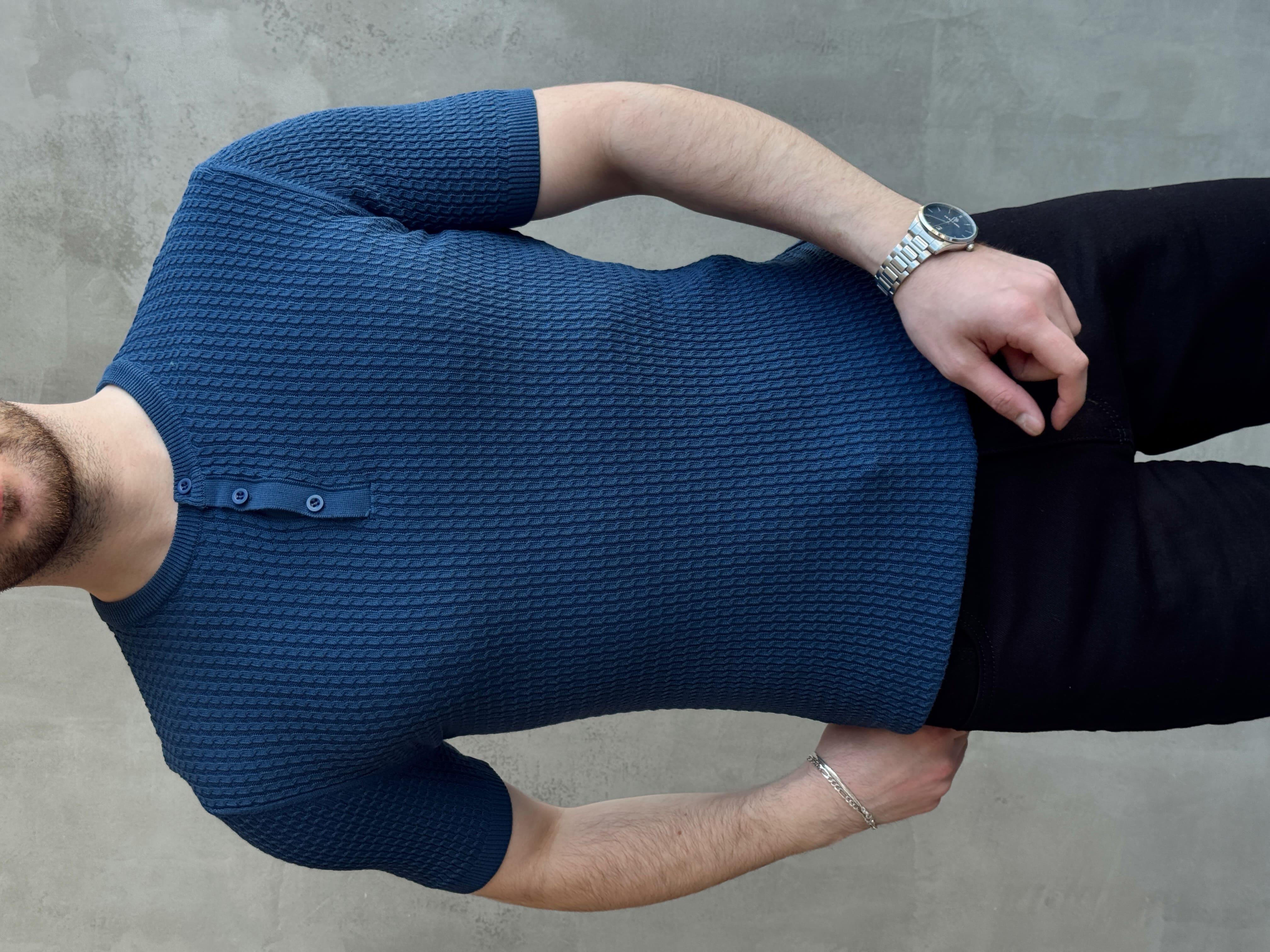 Erkek Elit Kalite Regular Fit Waffle Desenli Pat Yaka Detay Triko T-Shirt-İndigo(E1681)Ketench