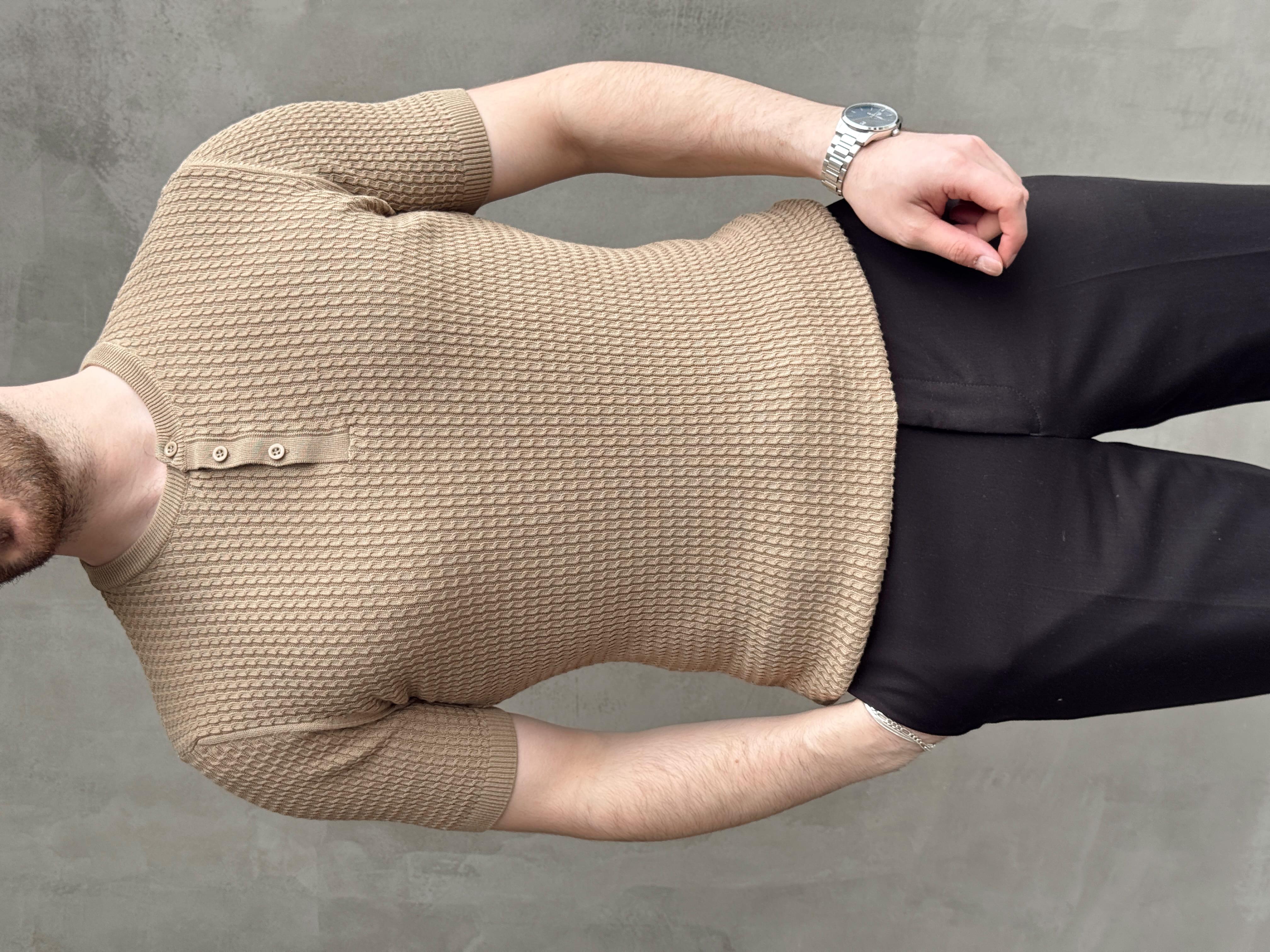 Erkek Elit Kalite Regular Fit Waffle Desenli Pat Yaka Detay Triko T-Shirt-Camel(E1681)Ketench