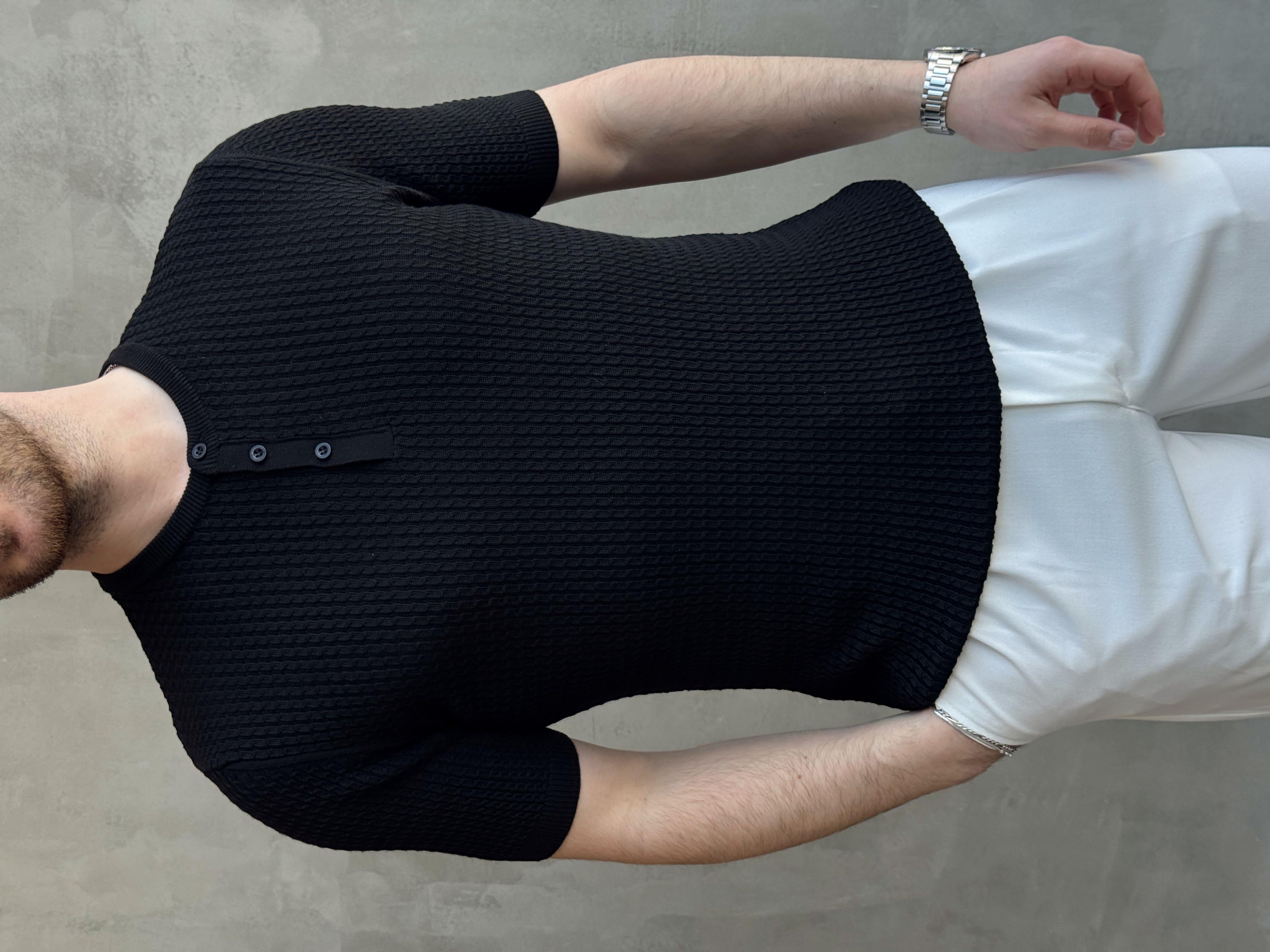 Erkek Elit Kalite Regular Fit Waffle Desenli Pat Yaka Detay Triko T-Shirt-Siyah(E1681)Ketench