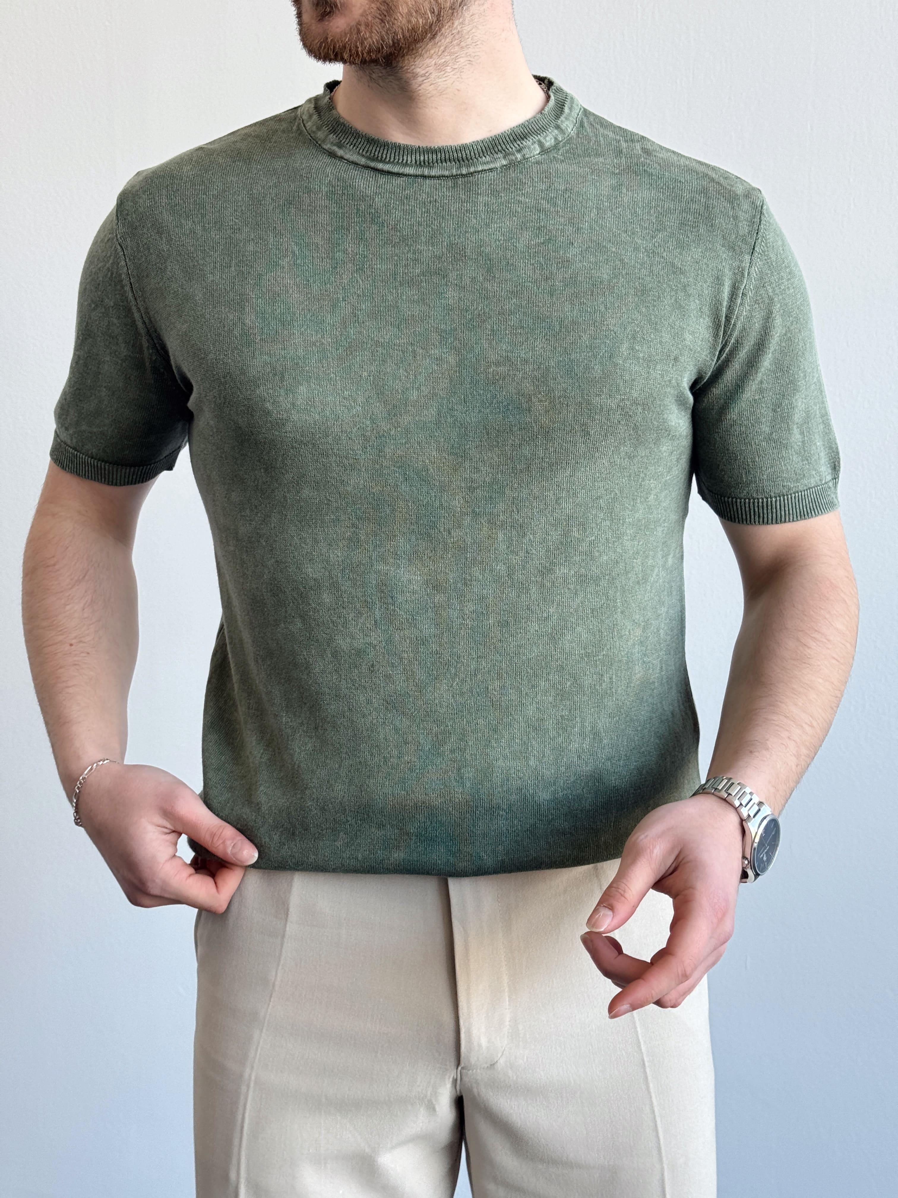 Erkek Elit Seçim Bisiklet Yaka Ribana Detay Triko T-Shirt-Yeşil(E1298)Ketench