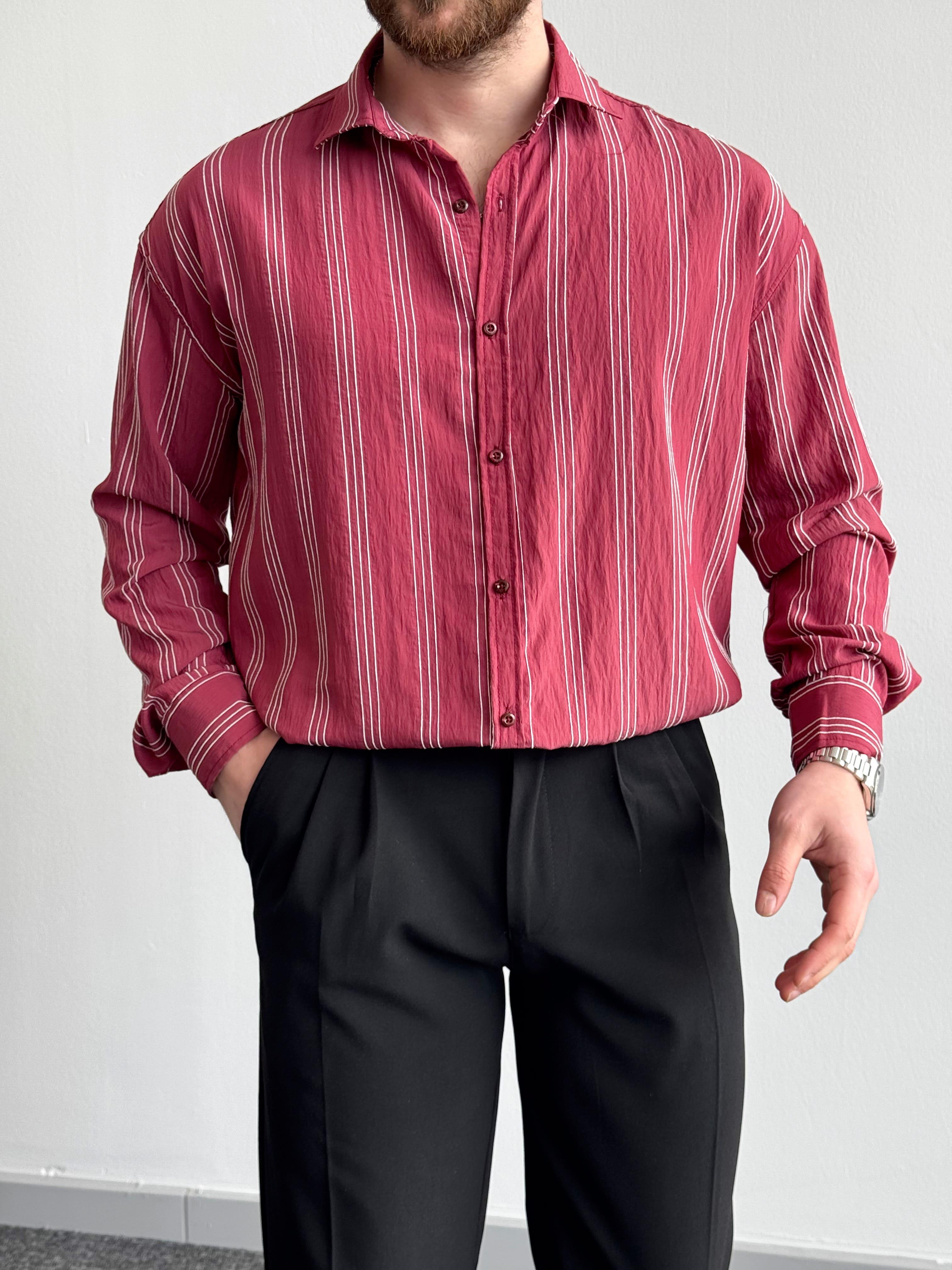Erkek Elit Seçim Çizgi Detay Oversize Kalıp Gömlek-Bordo(E1378)Ketench