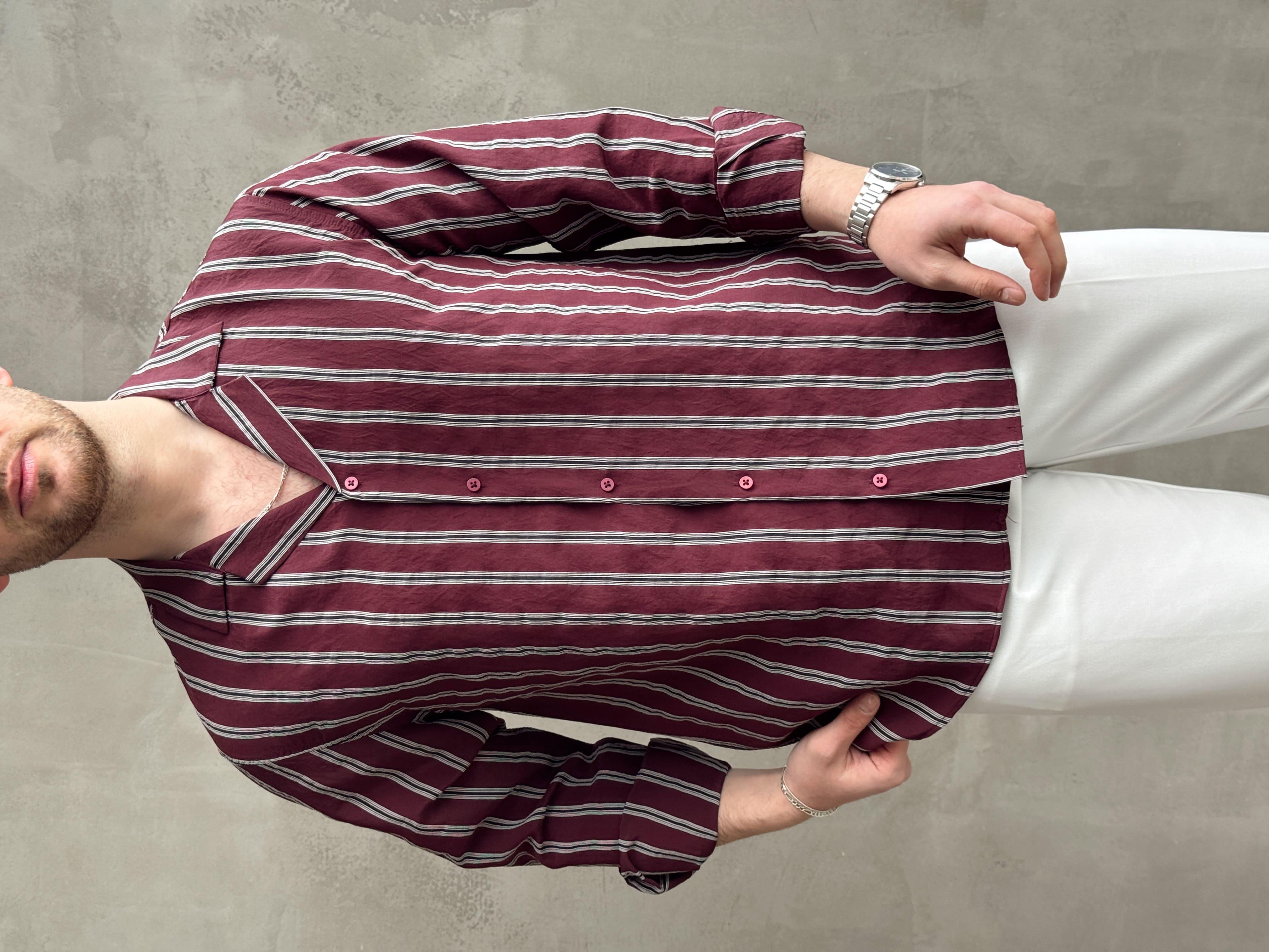 Erkek Elit Seçim Oversize Kalıp Çizgi Detaylı Dökümlü Kumaş Gömlek-Bordo(E1643)Ketench