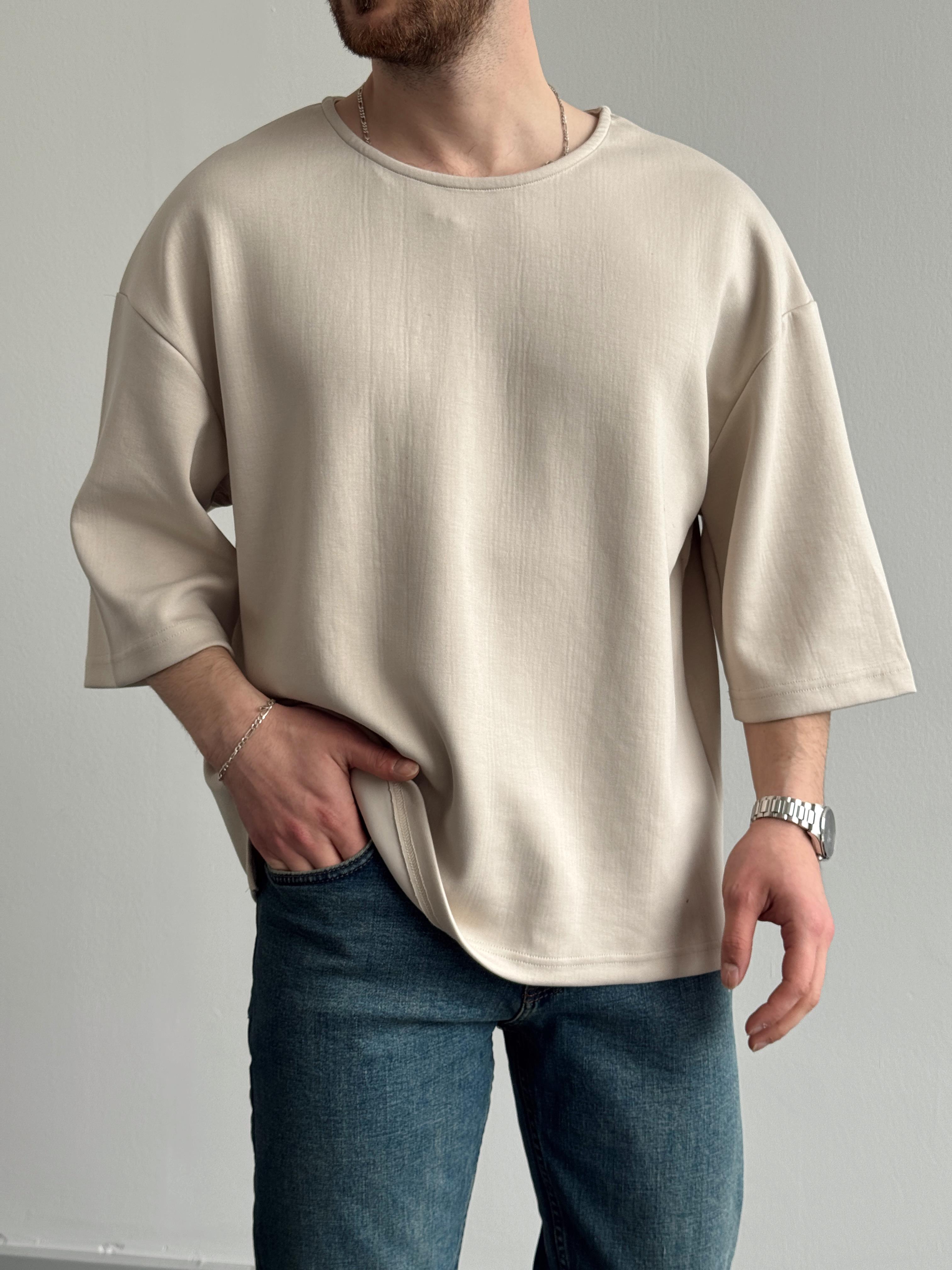 Erkek Elit Seçim Oversize Kalıp Fakir Kol Detay Düz T-Shirt-Krem(E1312)Ketench