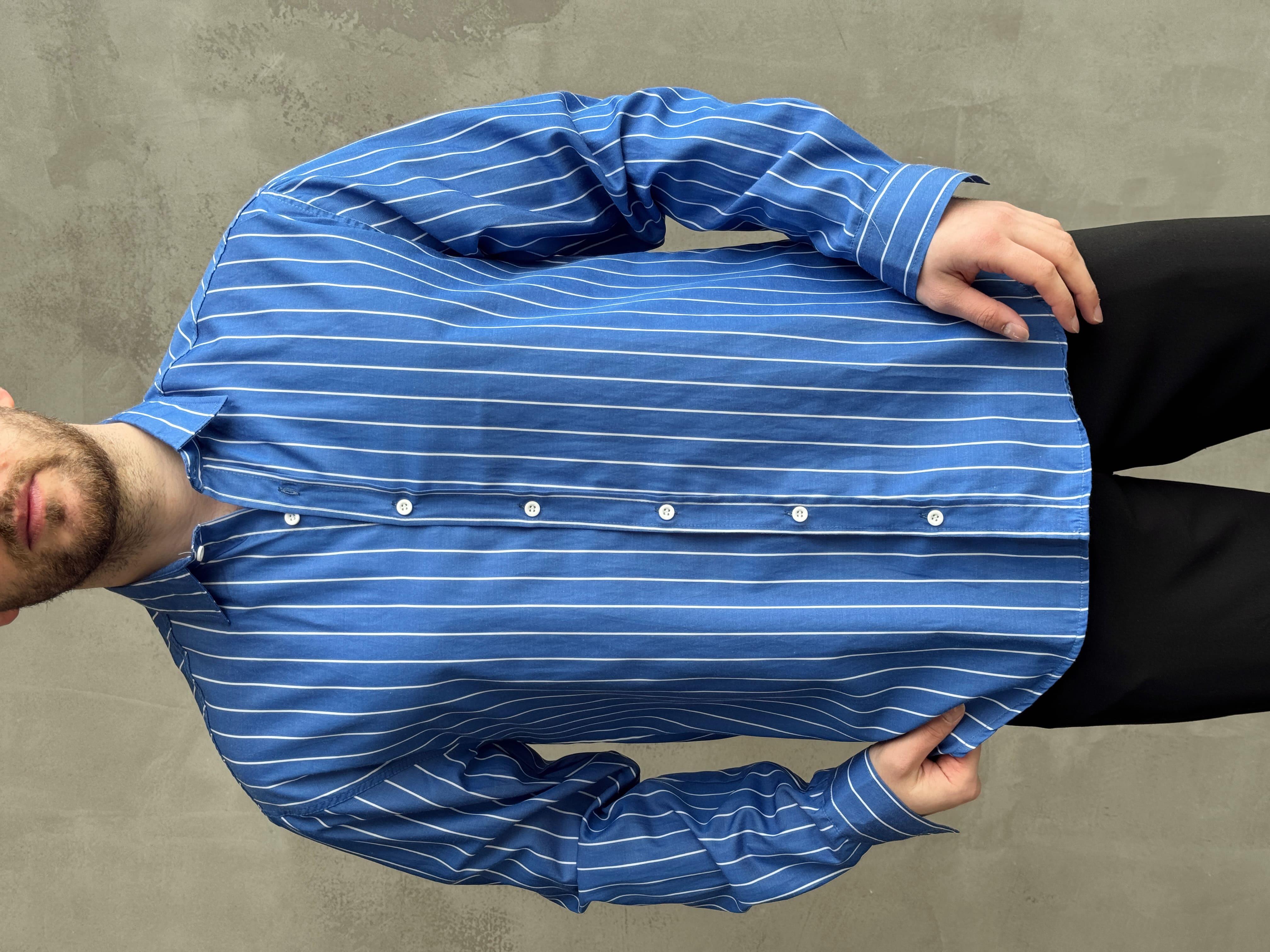 Erkek Elit Tasarım Oversize Kalıp Çizgi Detaylı Gömlek-Mavi(E1635)Ketench