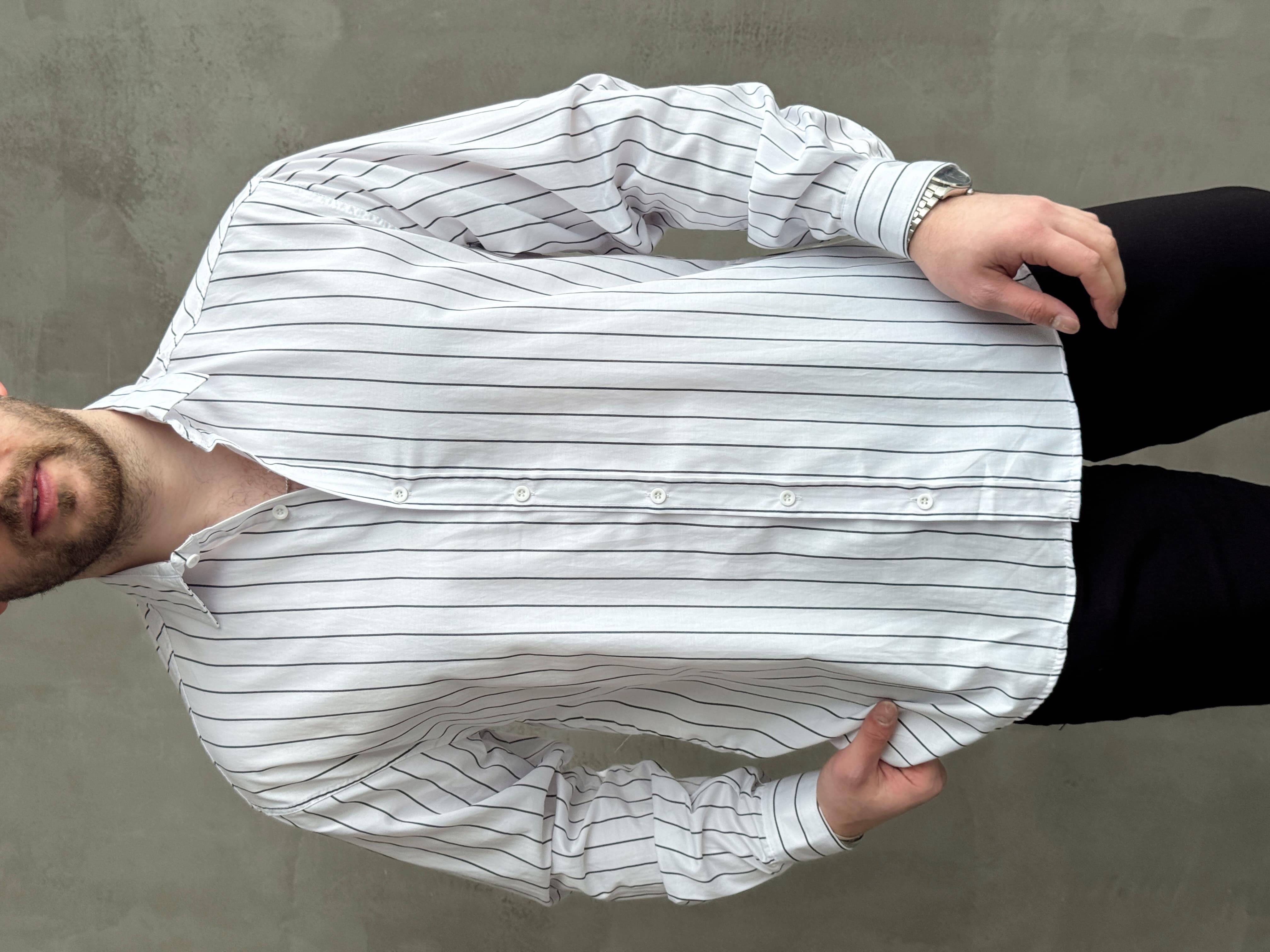 Erkek Elit Tasarım Oversize Kalıp Çizgi Detaylı Gömlek-Beyaz(E1635)Ketench