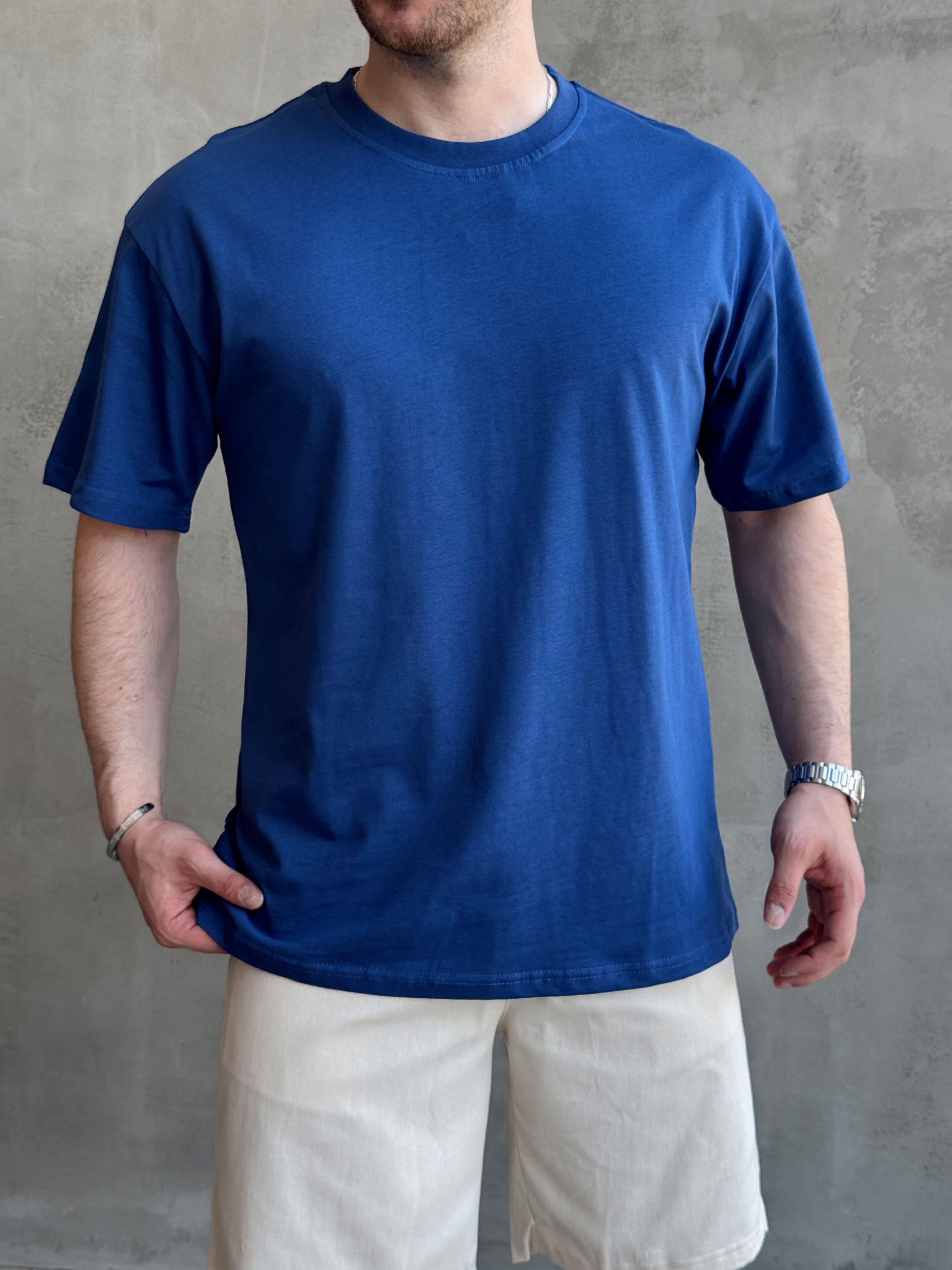 Erkek En Trend Oversize Kalıp Bisiklet Yaka Basic T-Shirt-Mavi(E1758)Ketench
