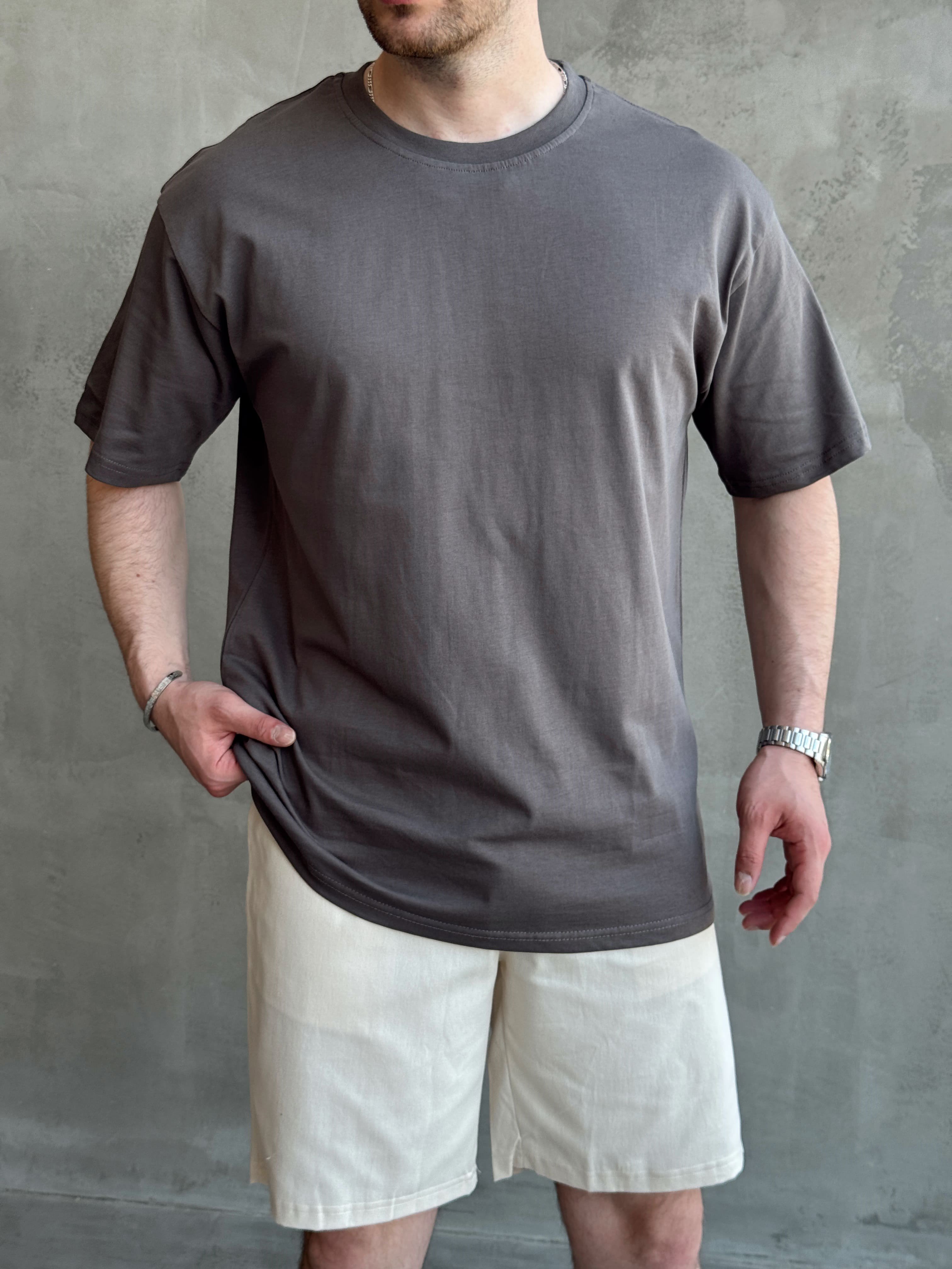 Erkek En Trend Oversize Kalıp Bisiklet Yaka Basic T-Shirt-Antrasit(E1758)Ketench