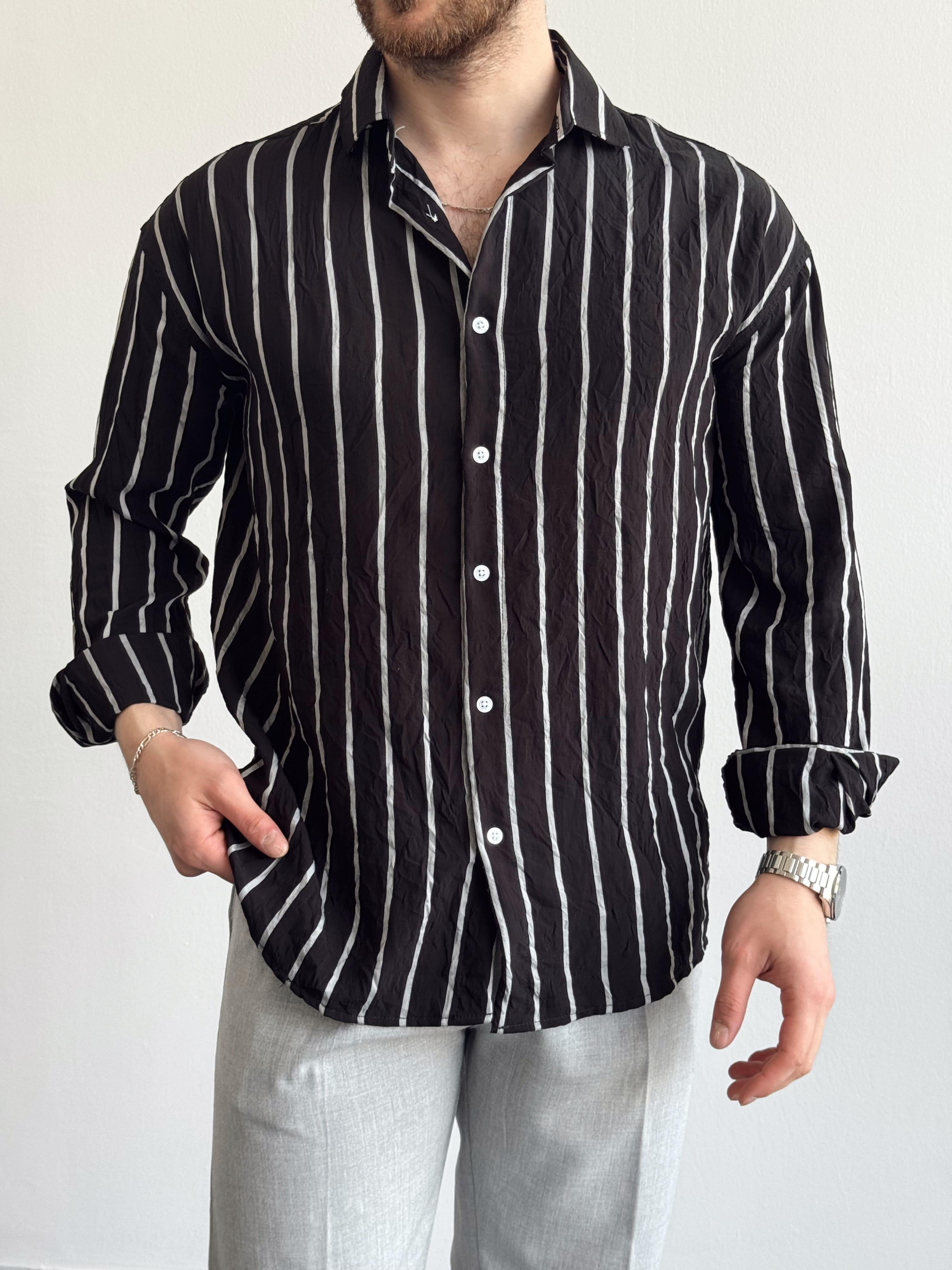Erkek Eşsiz Detaylar Oversize Kalıp Çizgi Detay Crinkle Kumaş Gömlek-Siyah(E1396)Ketench
