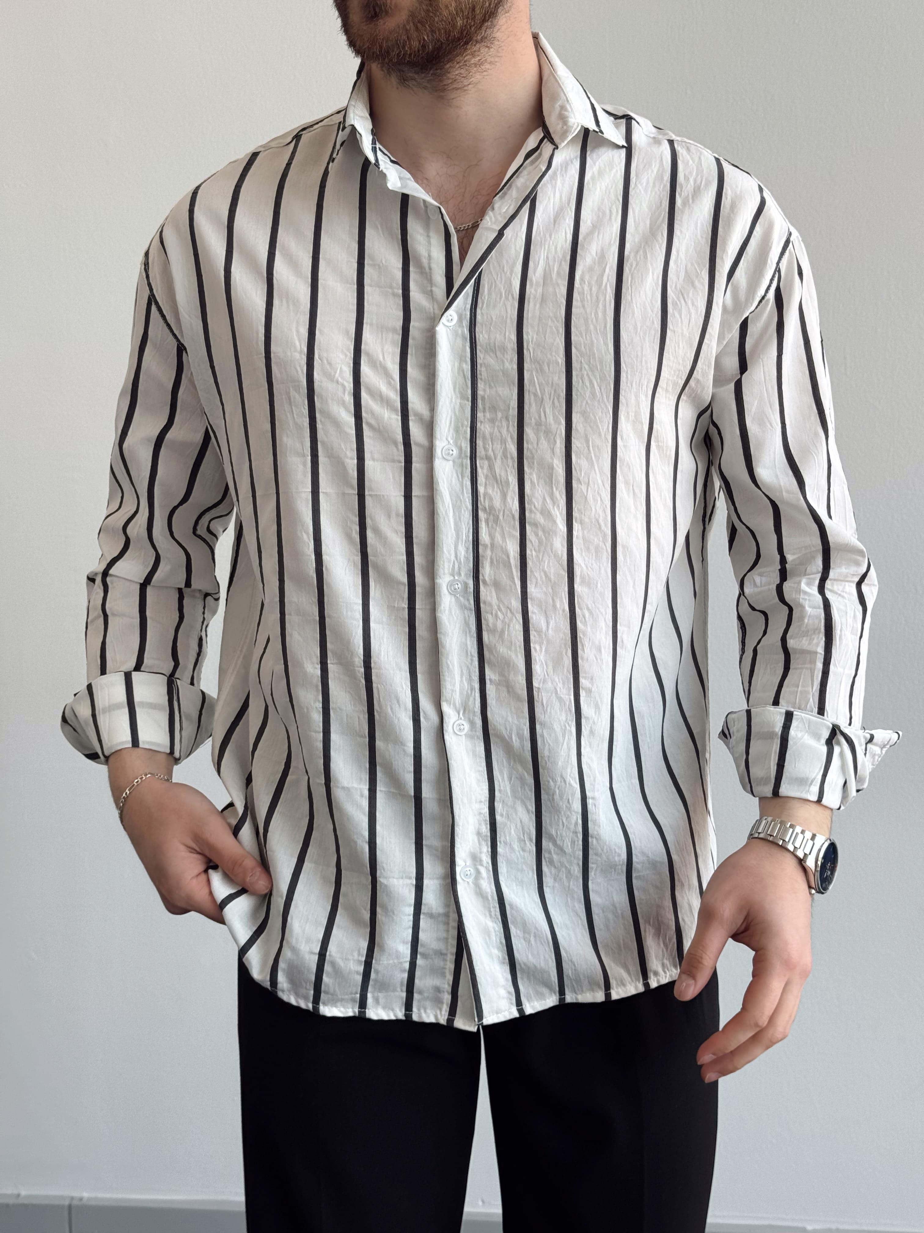 Erkek Eşsiz Detaylar Oversize Kalıp Çizgi Detay Crinkle Kumaş Gömlek-Beyaz(E1396)Ketench