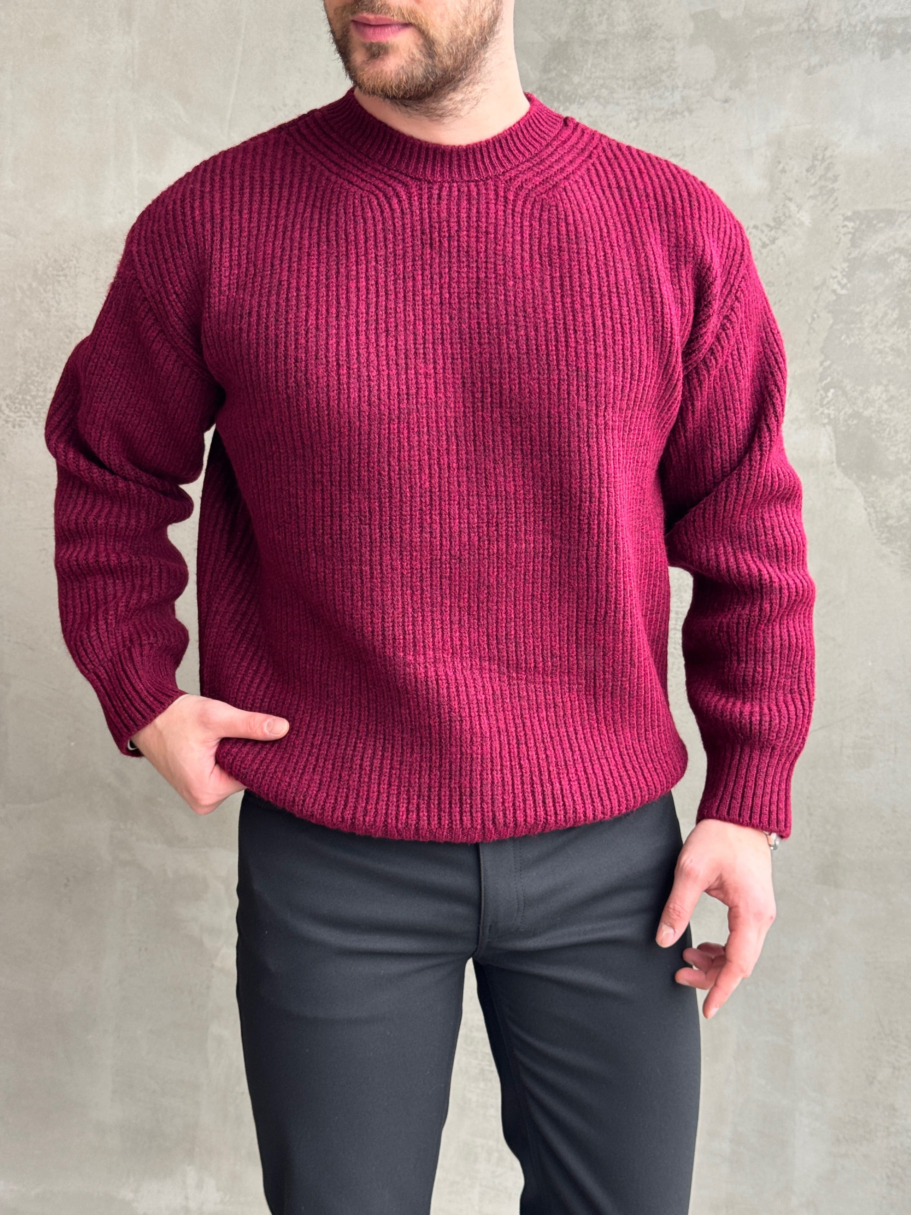Erkek Favori Model Oversize Kalıp Brazilian Örgü Yüksek Gramajlı Bisiklet Yaka Triko Kazak-Bordo(E1895)Ketench