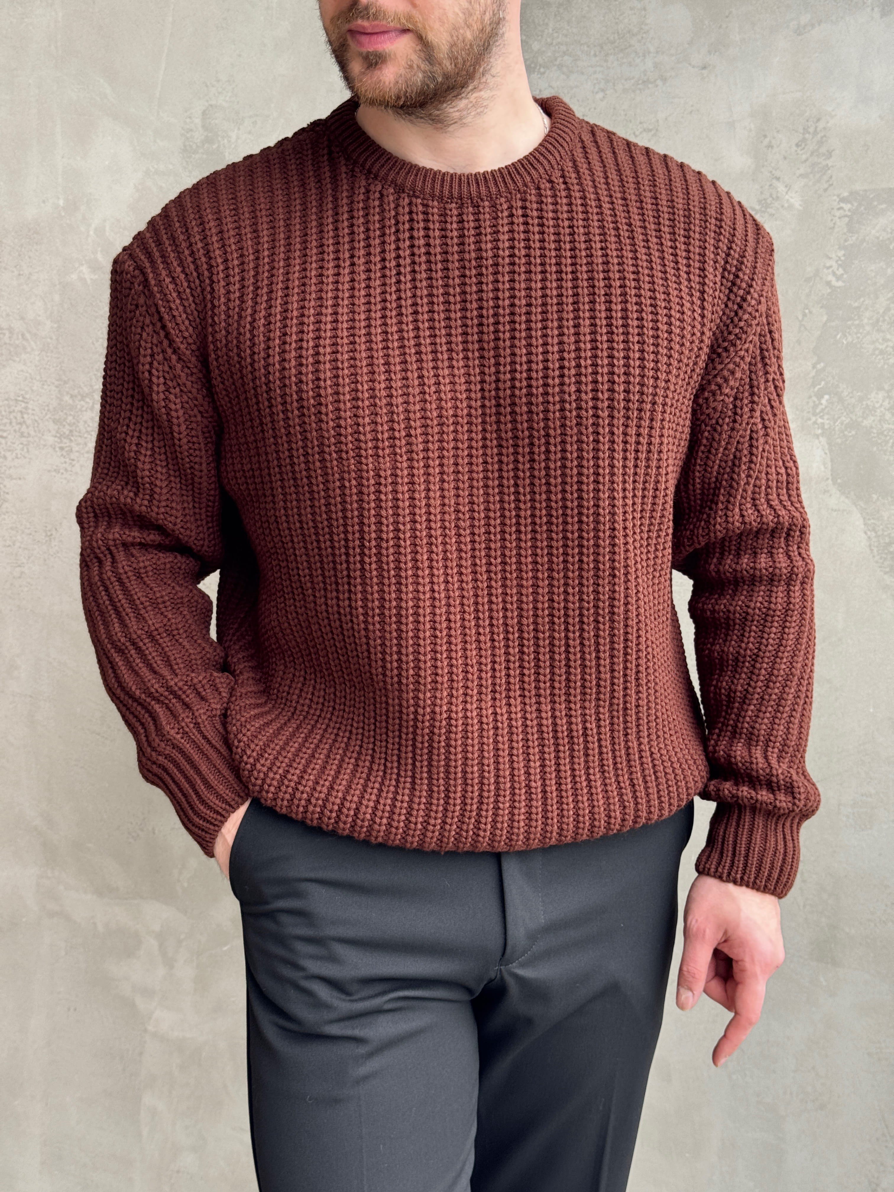 Erkek Favori Model Oversize Kalıp Relax Orgü Bisiklet Yaka Triko Kazak-Kahverengi(E1894)Ketench