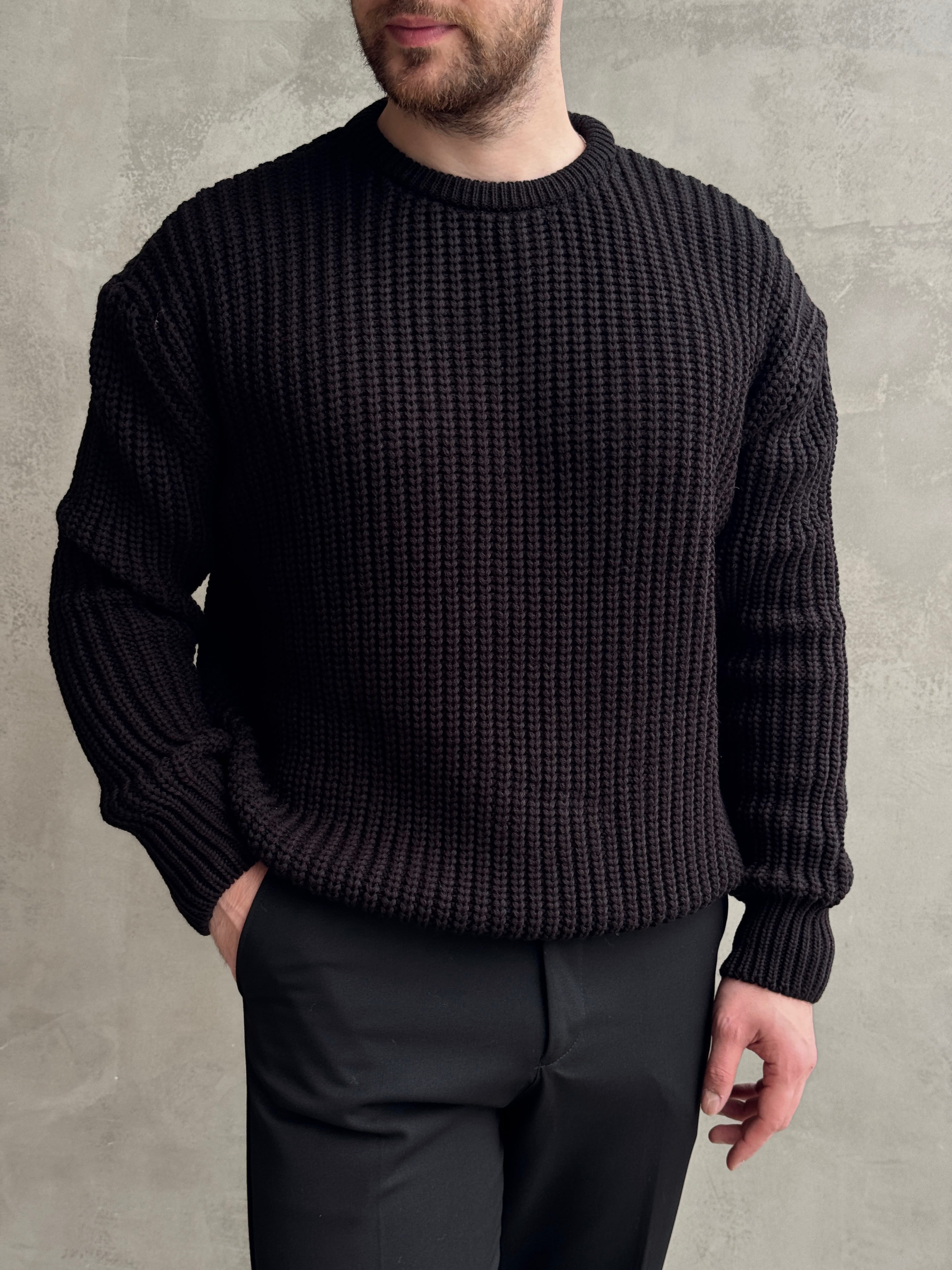 Erkek Favori Model Oversize Kalıp Relax Orgü Bisiklet Yaka Triko Kazak-Siyah(E1894)Ketench