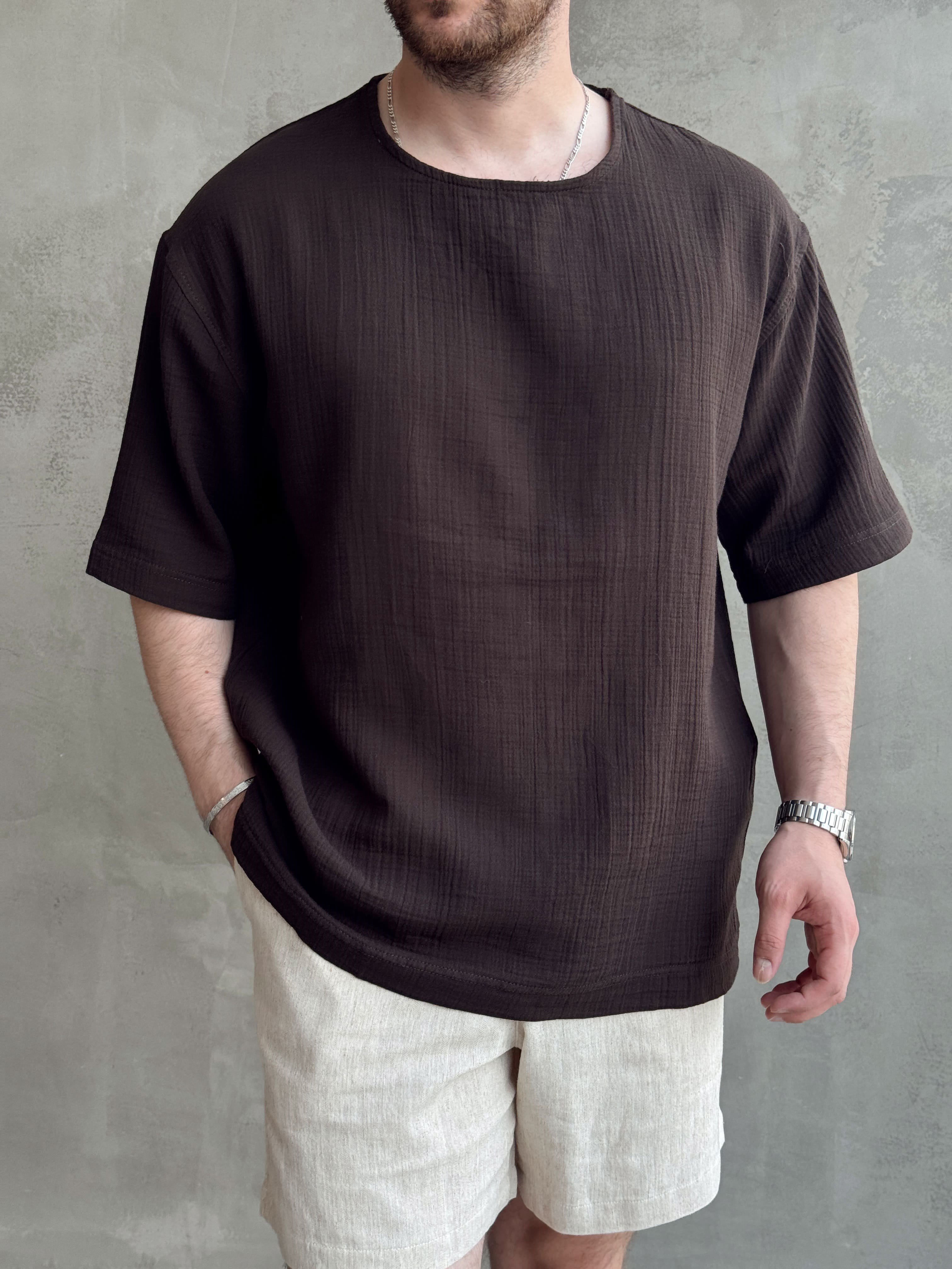 Erkek Günlük Kullanım Oversize Kalıp Muslin Kumaş Fakir Kol Basic T-Shirt-Kahverengi(E1769)Ketench