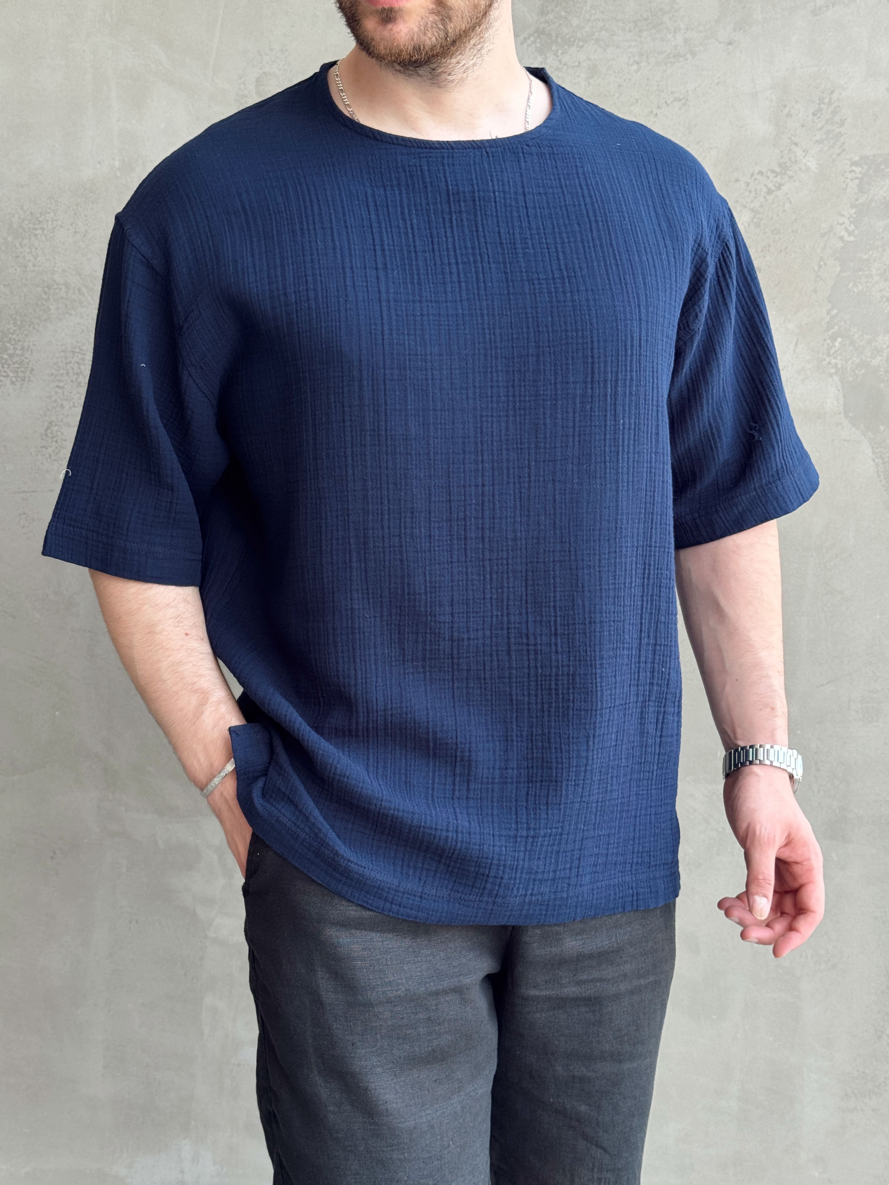 Erkek Günlük Kullanım Oversize Kalıp Muslin Kumaş Fakir Kol Basic T-Shirt-Lacivert(E1769)Ketench