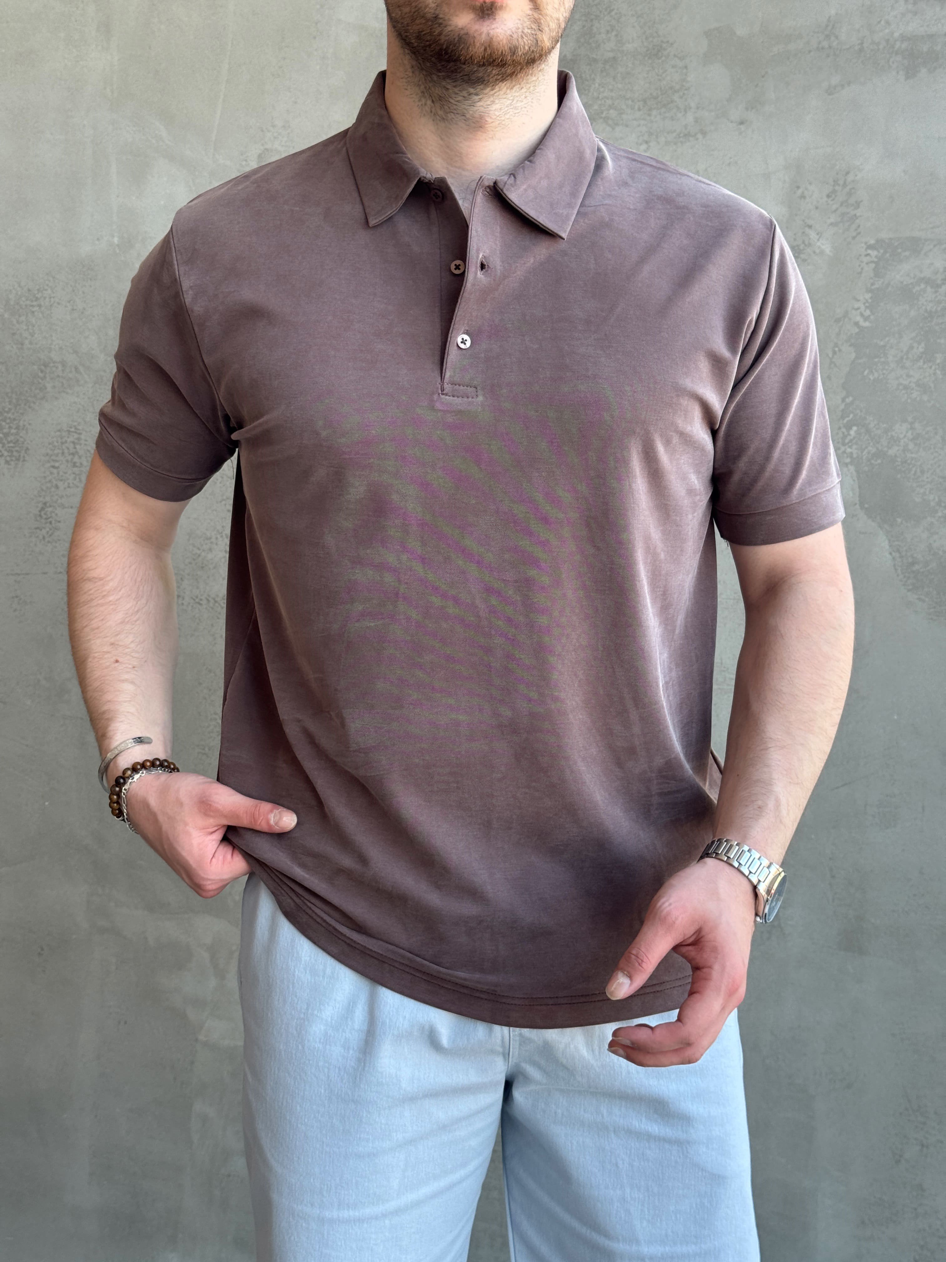 Erkek Kaliteli Kumaş Oversize Kalıp Düğme Detaylı Polo Yaka T-Shirt-Kahverengi(E1746)Ketench