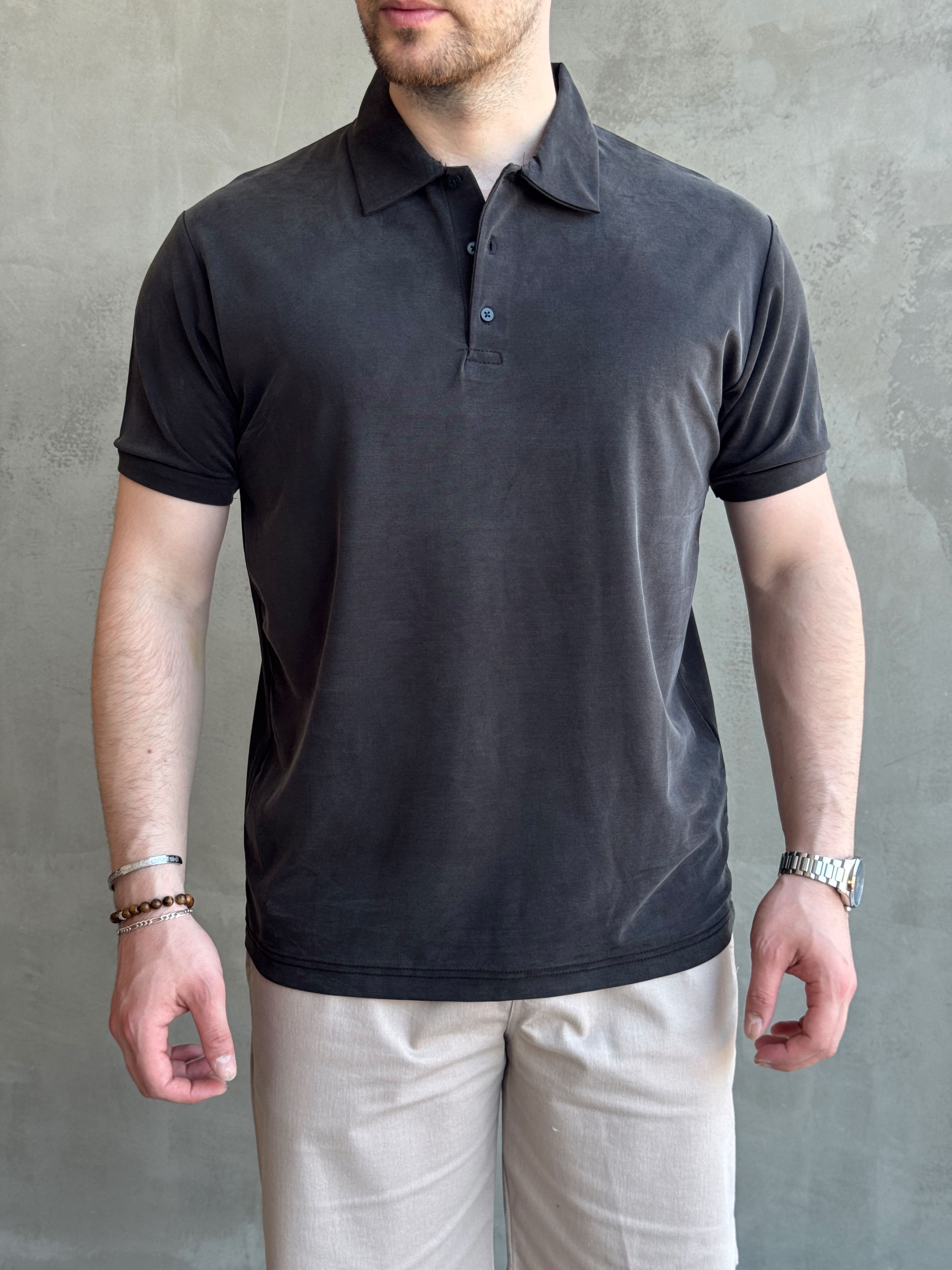 Erkek Kaliteli Kumaş Oversize Kalıp Düğme Detaylı Polo Yaka T-Shirt-Siyah(E1746)Ketench