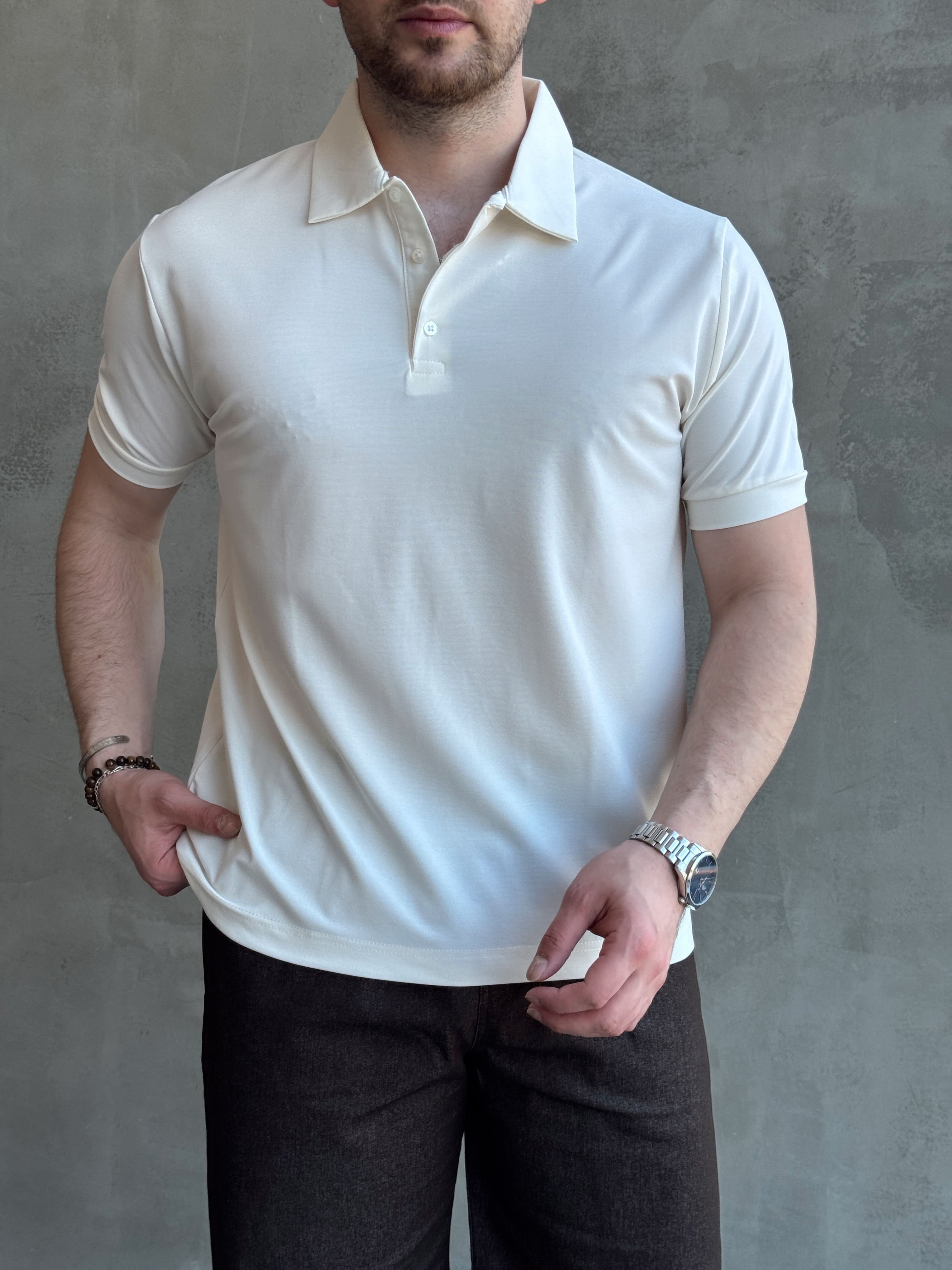 Erkek Kaliteli Kumaş Oversize Kalıp Düğme Detaylı Polo Yaka T-Shirt-Beyaz(E1746)Ketench