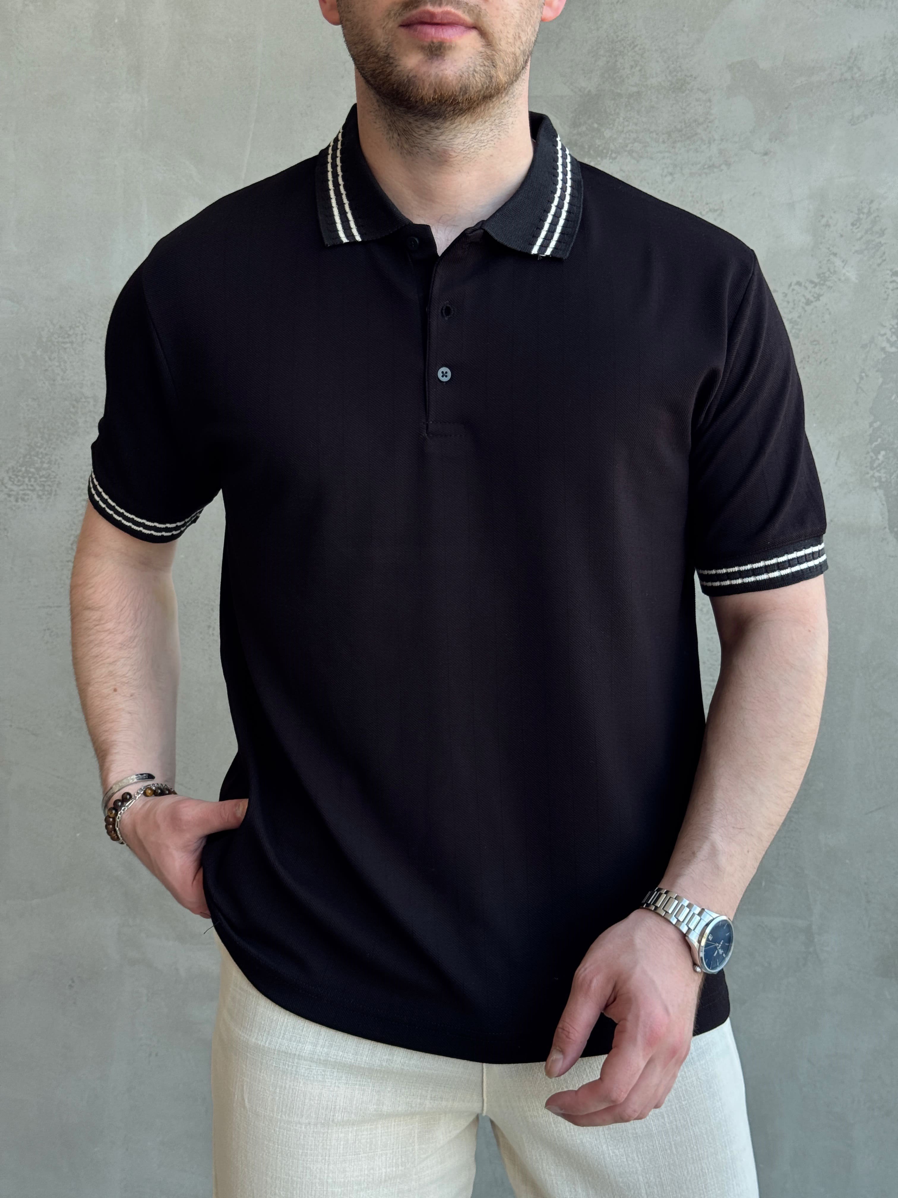 Erkek Kaliteli Kumaş Oversize Kalıp Örme Çizgi Detaylı Düğmeli Polo Yaka T-Shirt-Siyah(E1747)Ketench