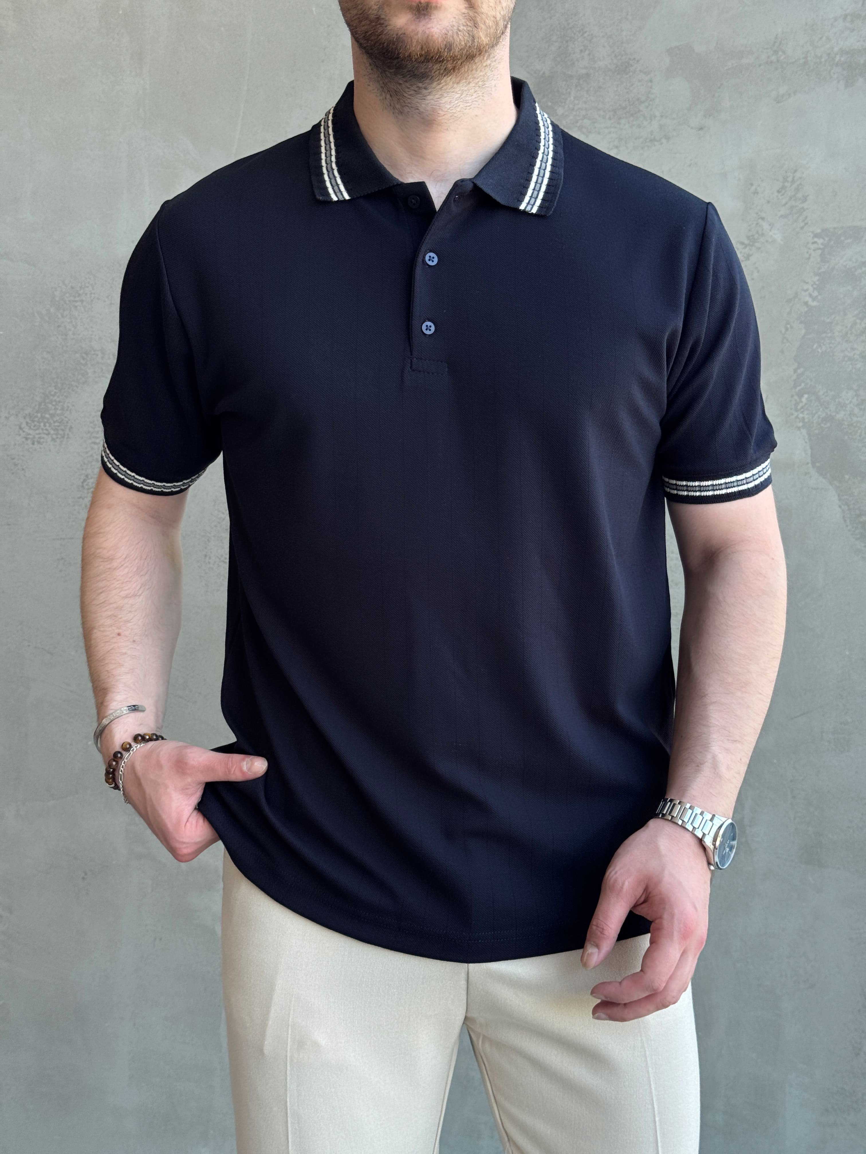 Erkek Kaliteli Kumaş Oversize Kalıp Örme Çizgi Detaylı Düğmeli Polo Yaka T-Shirt-Lacivert(E1747)Ketench