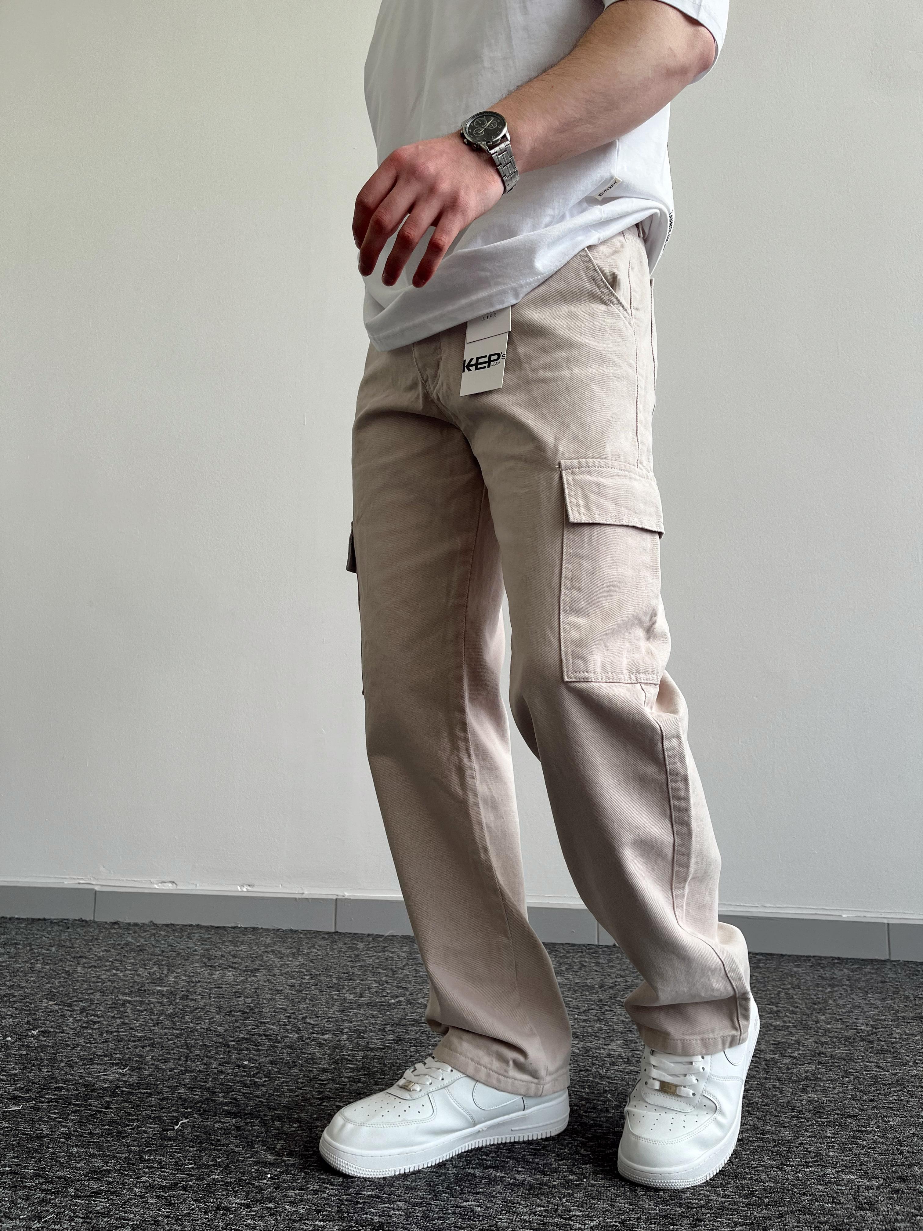 Erkek Kargo Cepli Gabardin Baggy Pantolon-Krem(E1001)Ketench