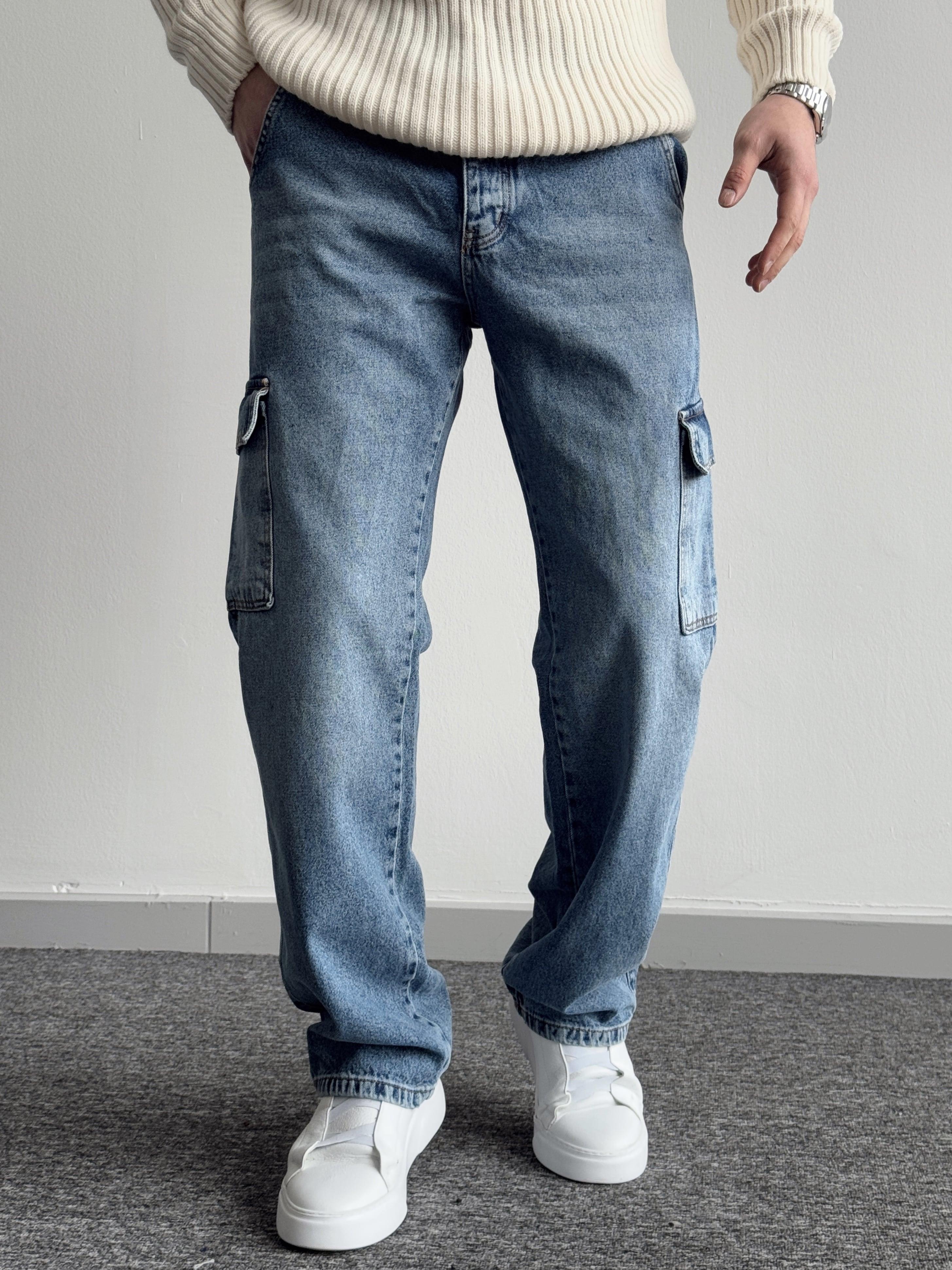 Erkek Kargo Cepli Gabardin Baggy Pantolon-Koyu Mavi(E1001)Ketench