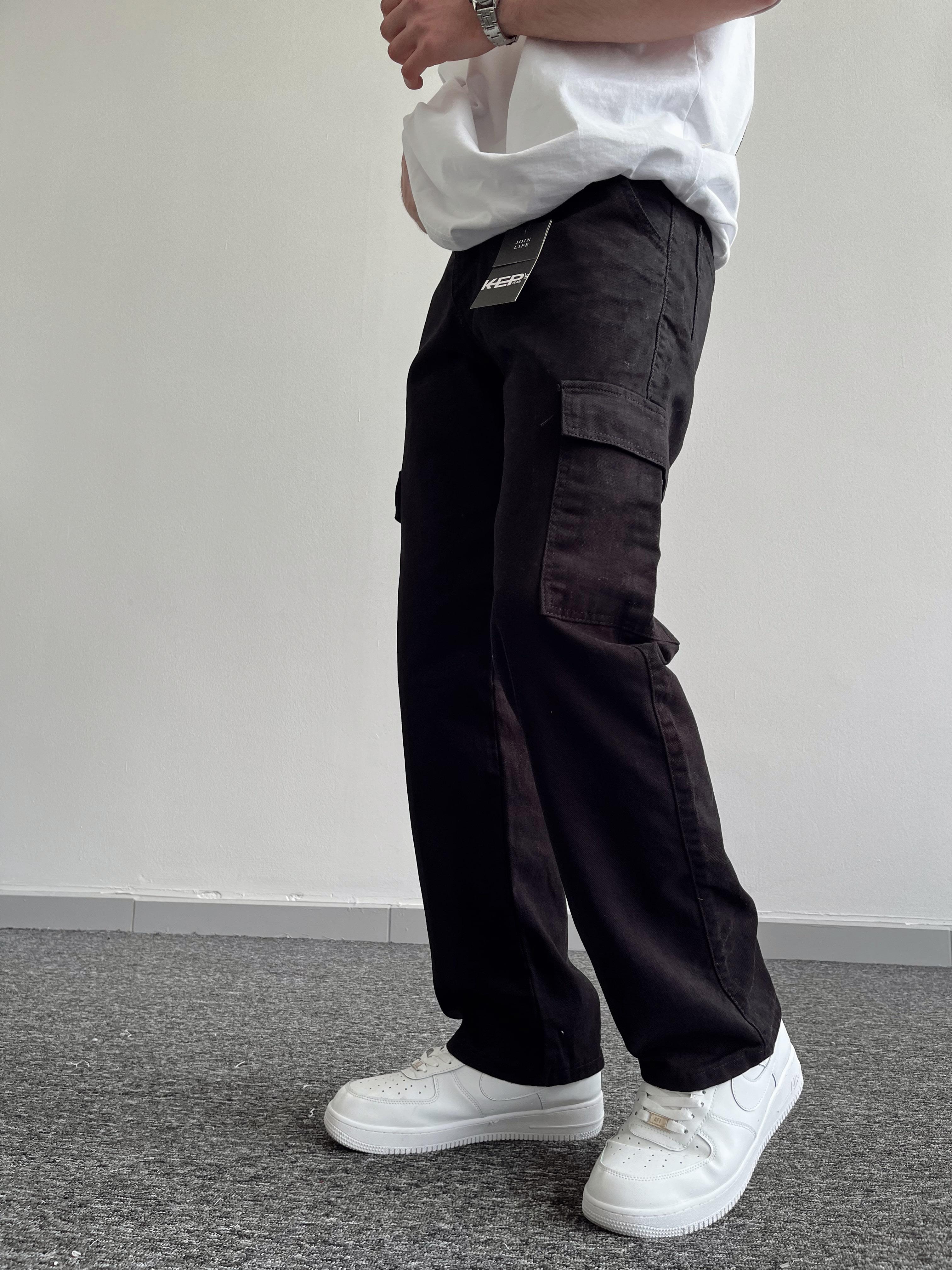Erkek Kargo Cepli Gabardin Baggy Pantolon-Siyah(E1001)Ketench