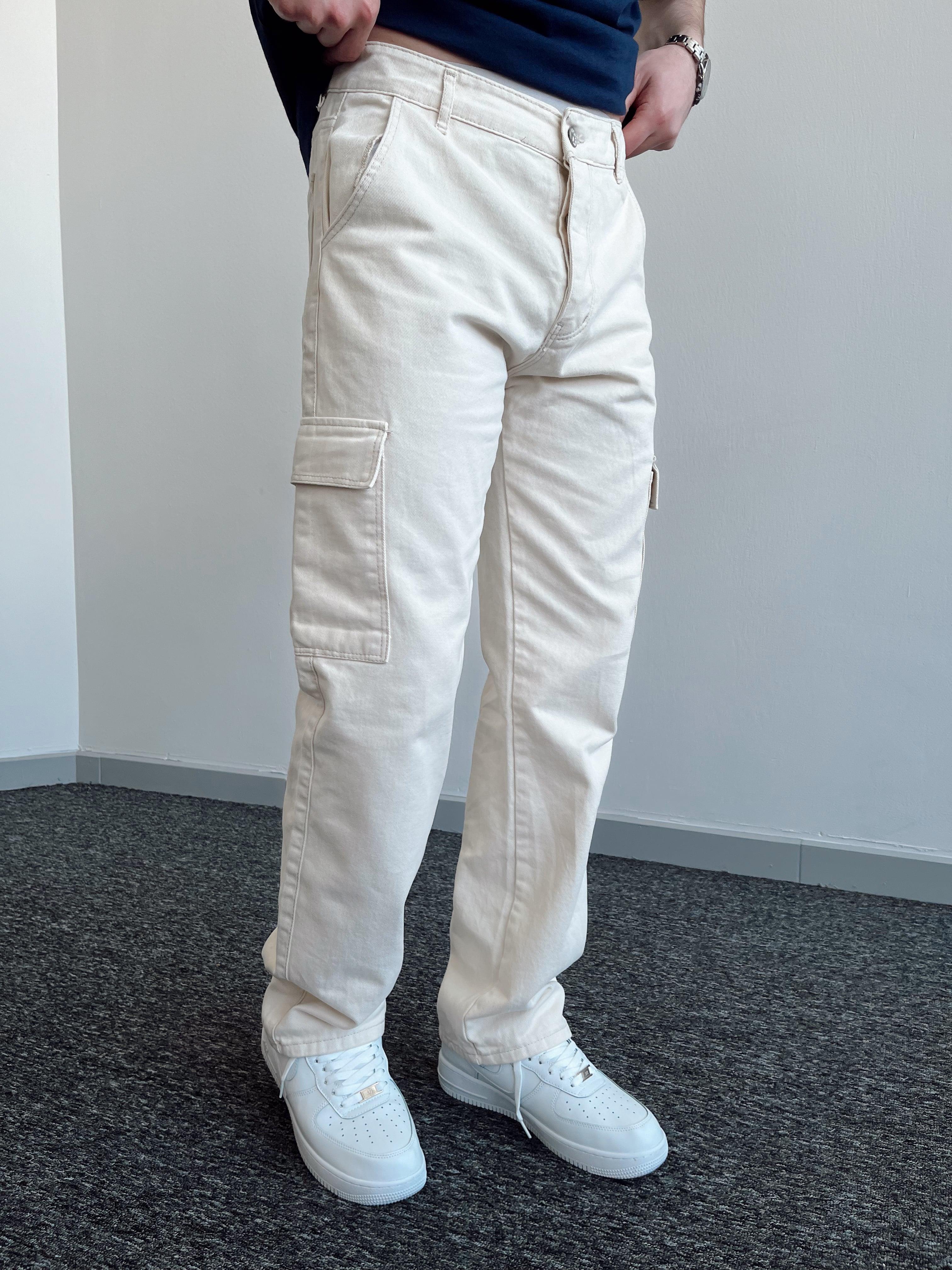 Erkek Kargo Cepli Gabardin Baggy Pantolon-Ekru(E1001)Ketench