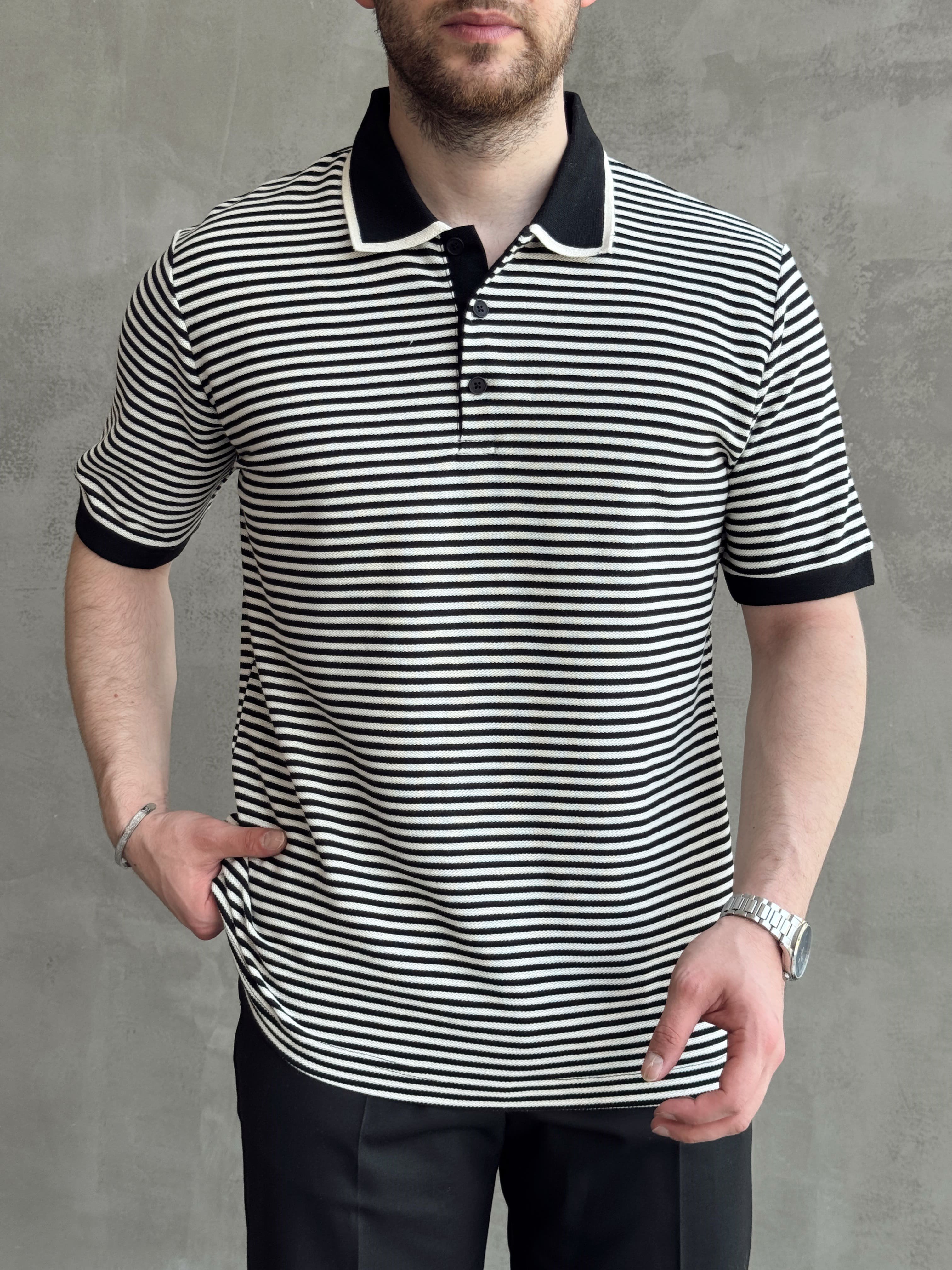Erkek Kombinlenebilir Oversize Kalıp Çizgi Detaylı Polo Yaka Triko T-Shirt-Siyah(E1768)Ketench