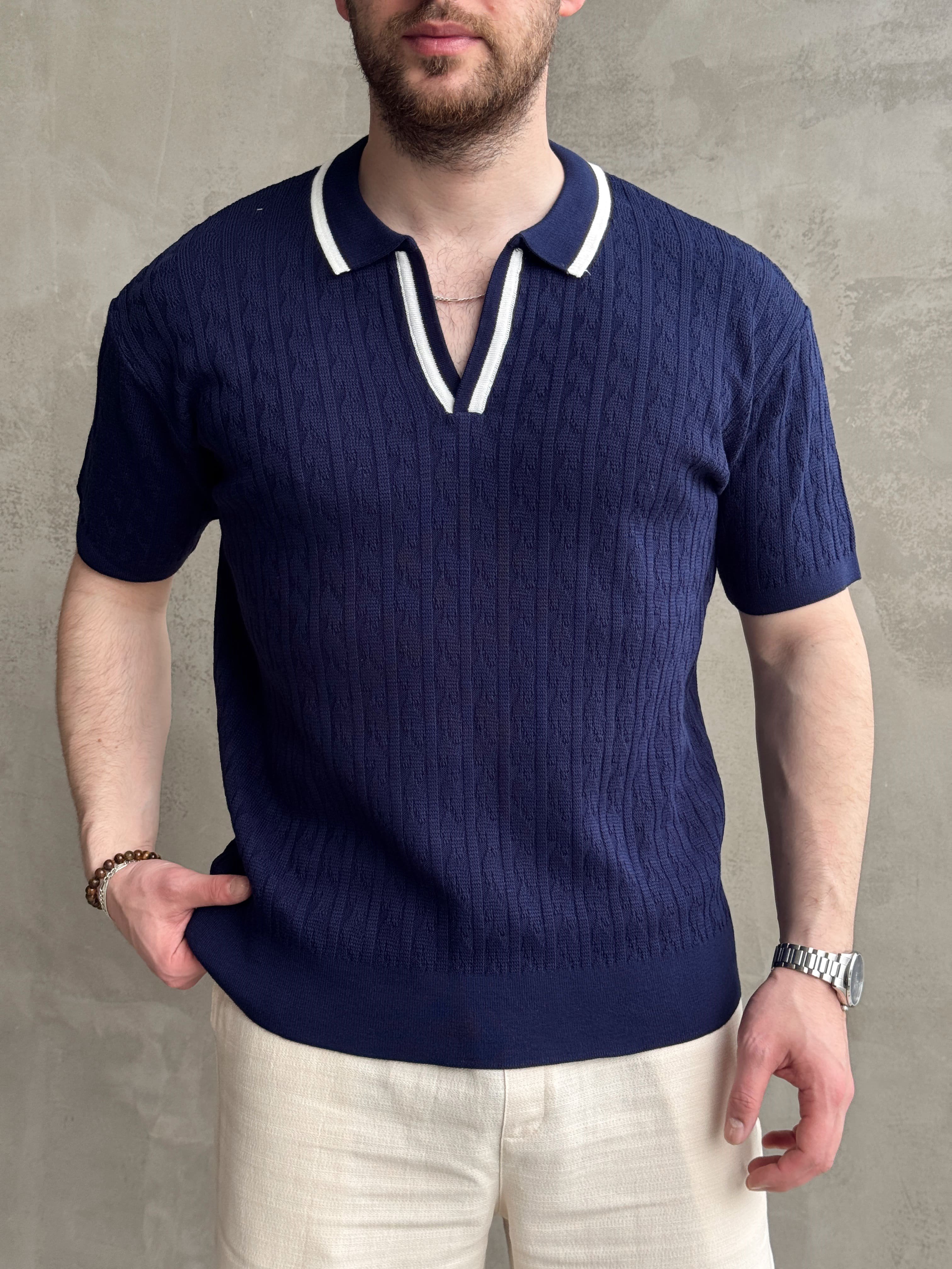 Erkek Kombinlenebilir Yaka Şerit Detaylı Desenli Polo Yaka Triko T-Shirt-Lacivert(E1727)Ketench