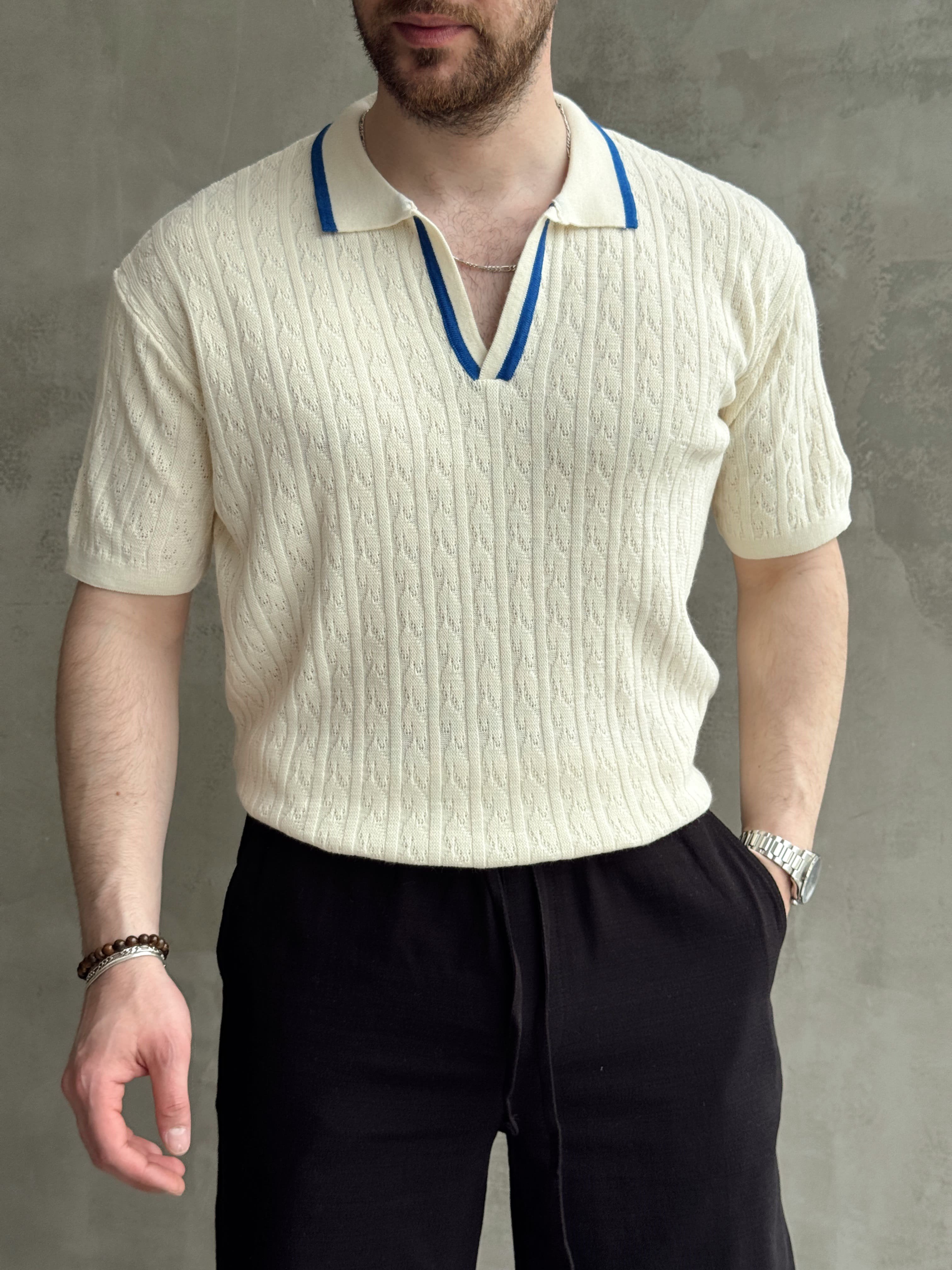 Erkek Kombinlenebilir Yaka Şerit Detaylı Desenli Polo Yaka Triko T-Shirt-Mavi(E1727)Ketench