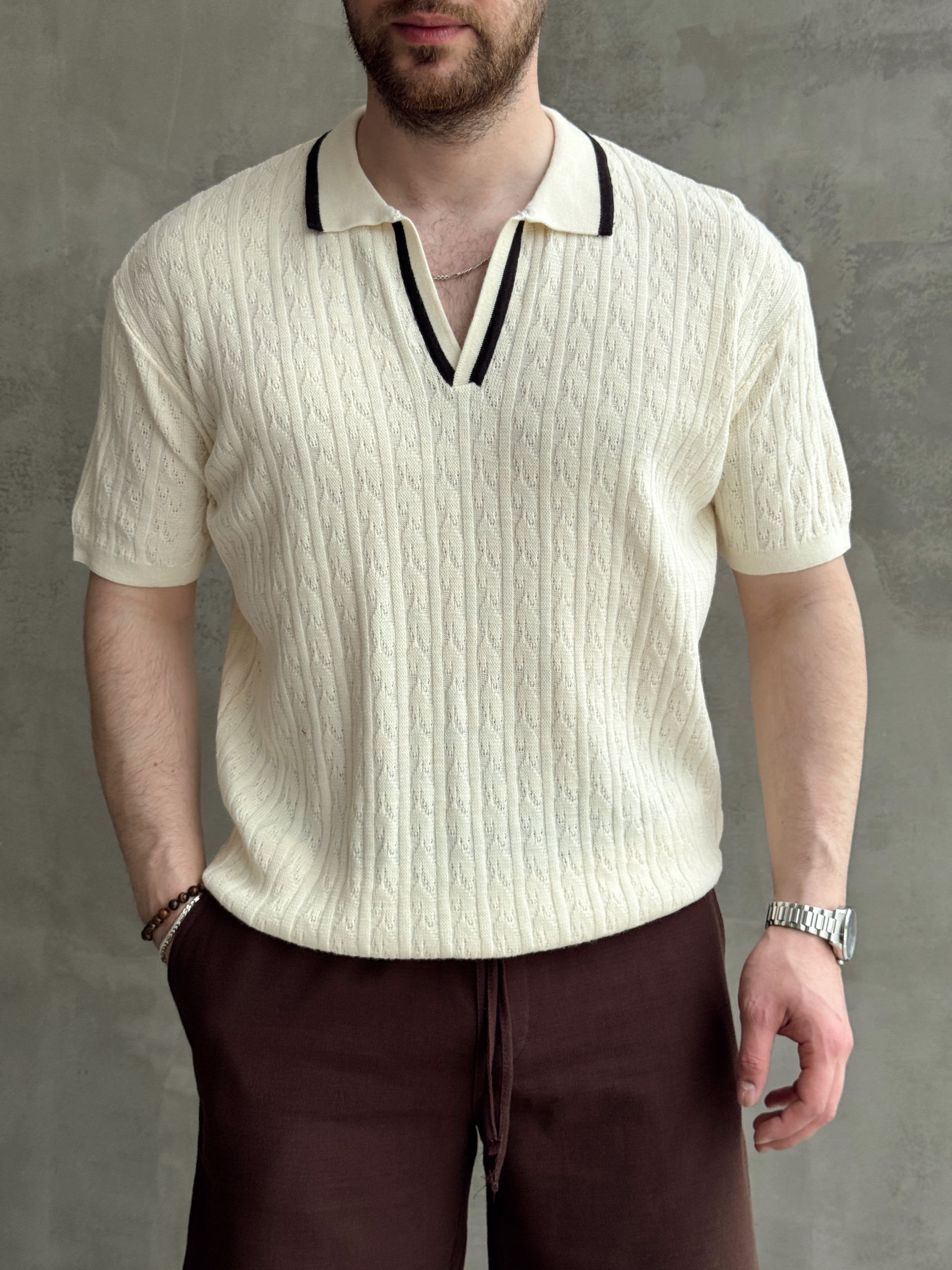 Erkek Kombinlenebilir Yaka Şerit Detaylı Desenli Polo Yaka Triko T-Shirt-Krem(E1727)Ketench