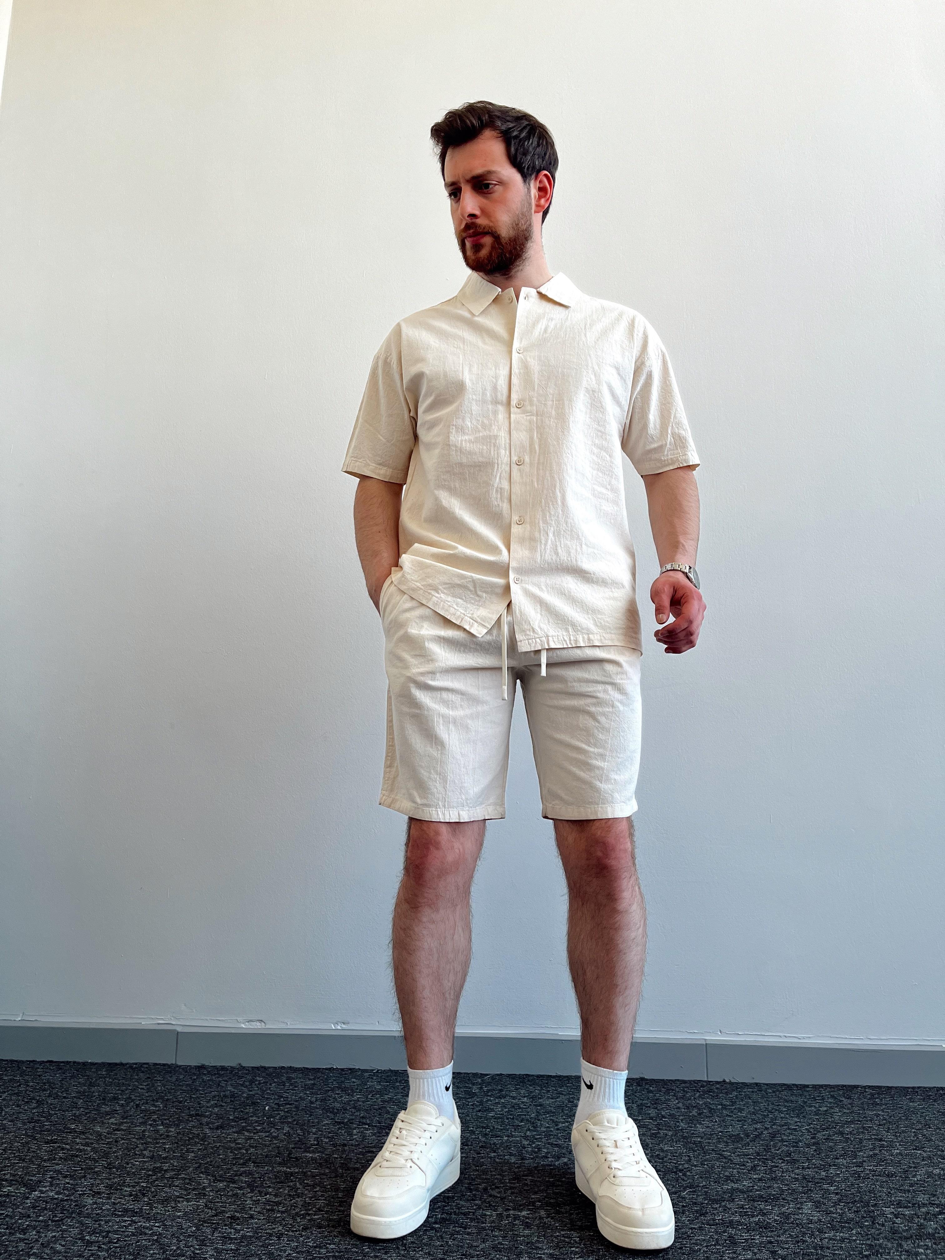 Erkek Marrakech Beli Lastikli Oversize Gömlek Şort Takım-Bej(E1038)Ketench
