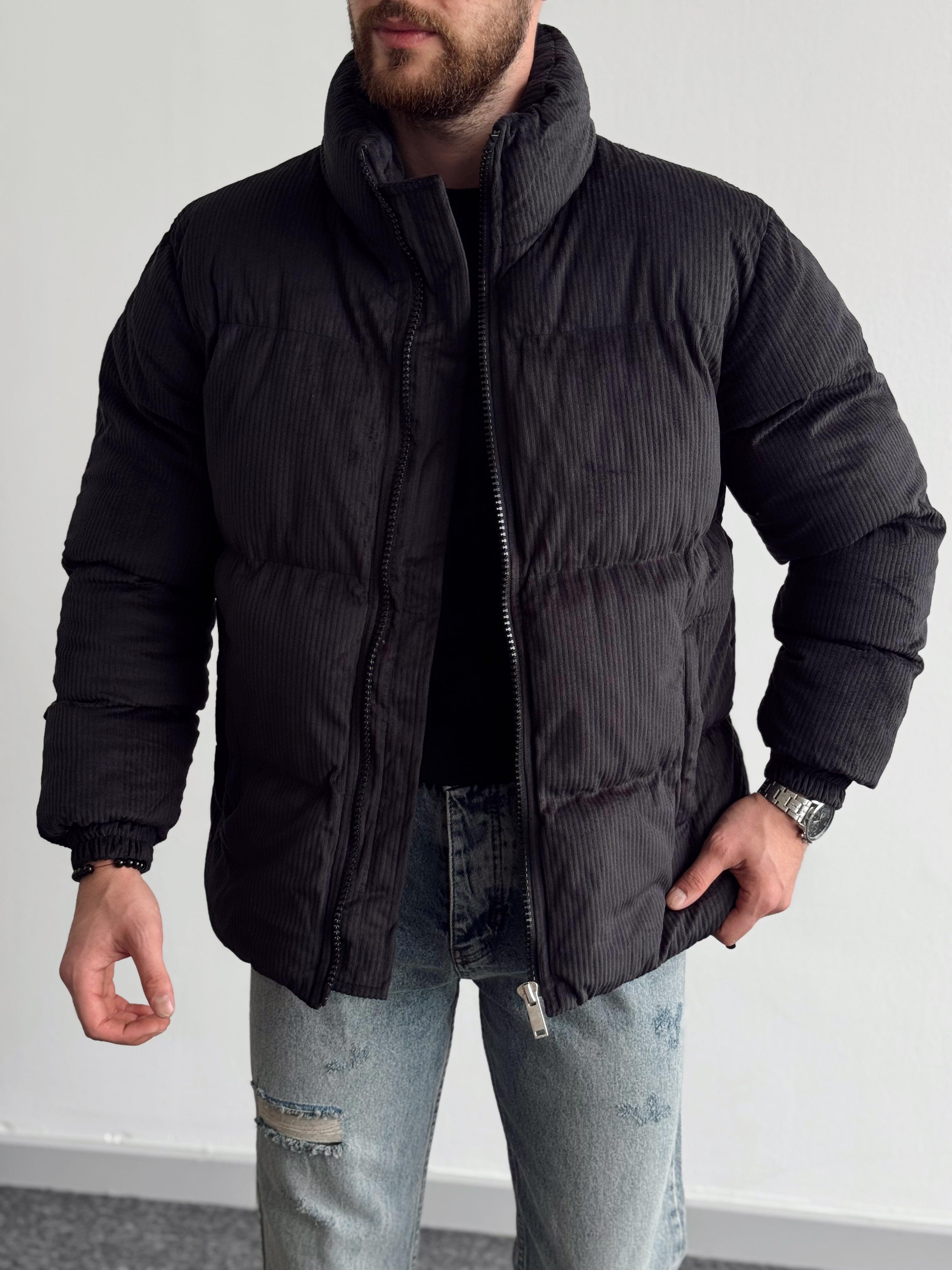 Erkek Marrakech Kalın Fitilli Oversize Kadife Şişme Mont-Siyah(E1168)Ketench
