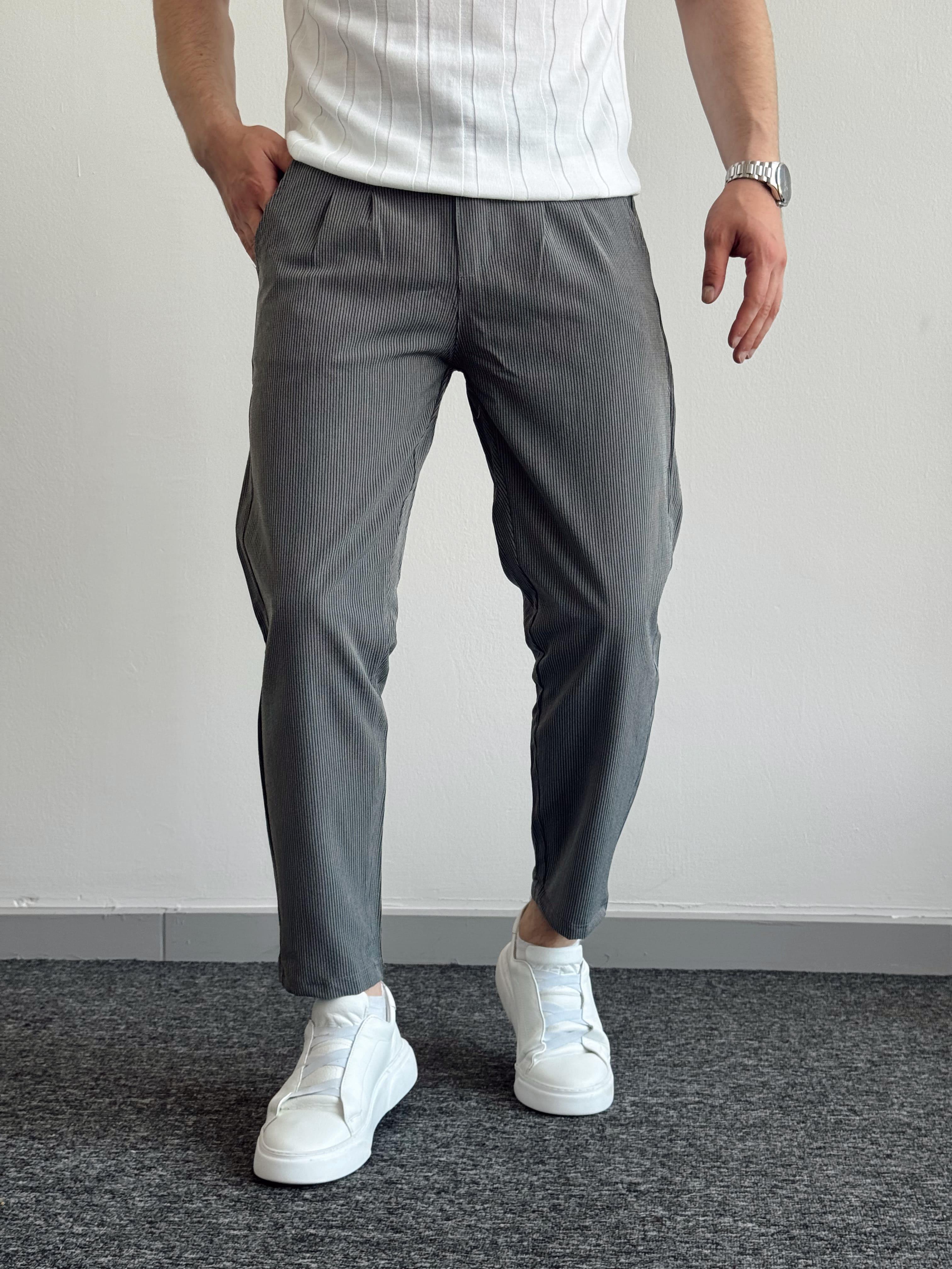 Erkek Modern Çizgili Boyfriend Kalıp Pile Detay Kumaş Pantolon-Füme(E1418)Ketench
