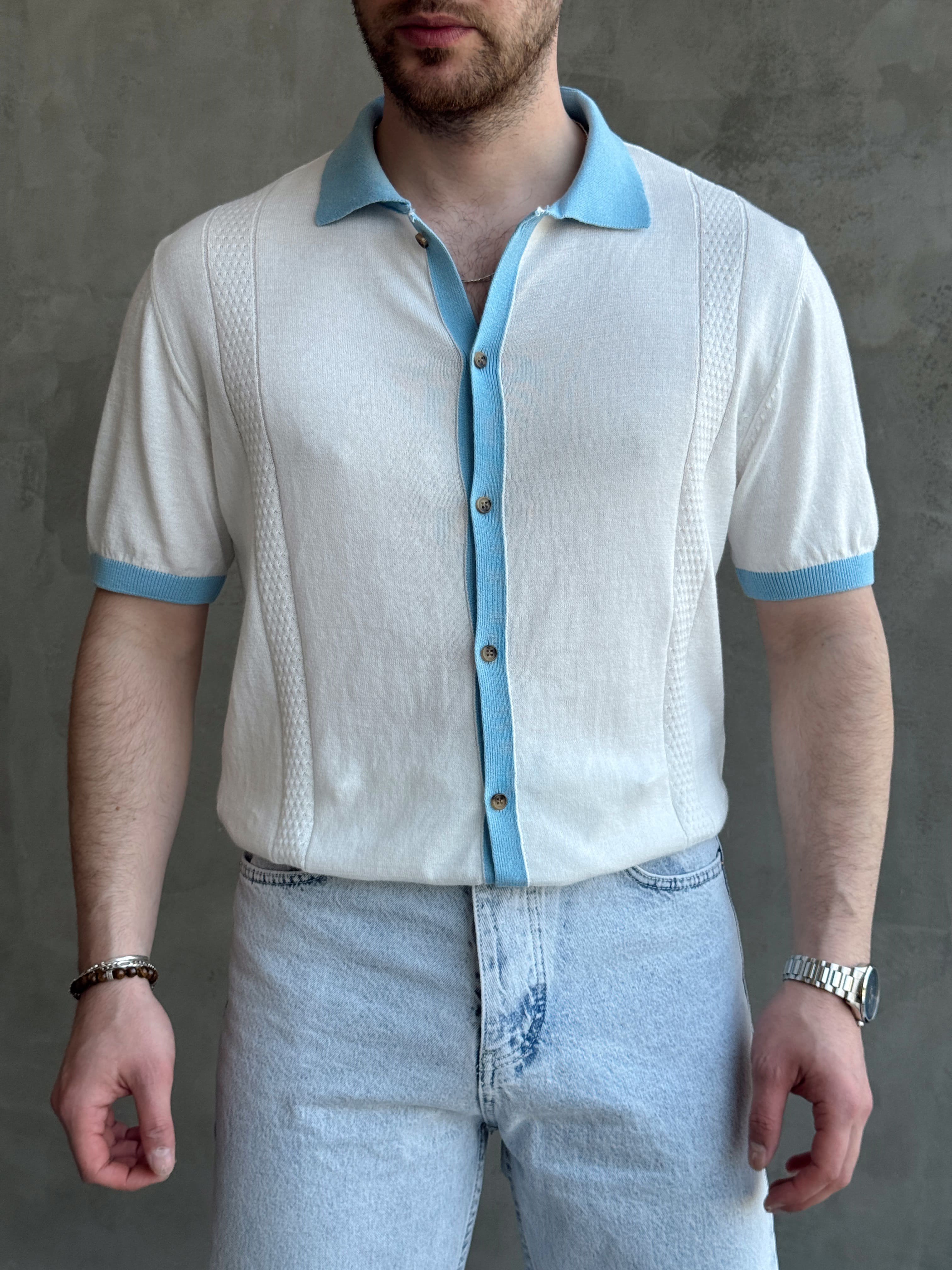 Erkek Modern Kesim Regular Kalıp Düğme Detaylı Ribanalı Triko T-Shirt-Beyaz(E1696)Ketench