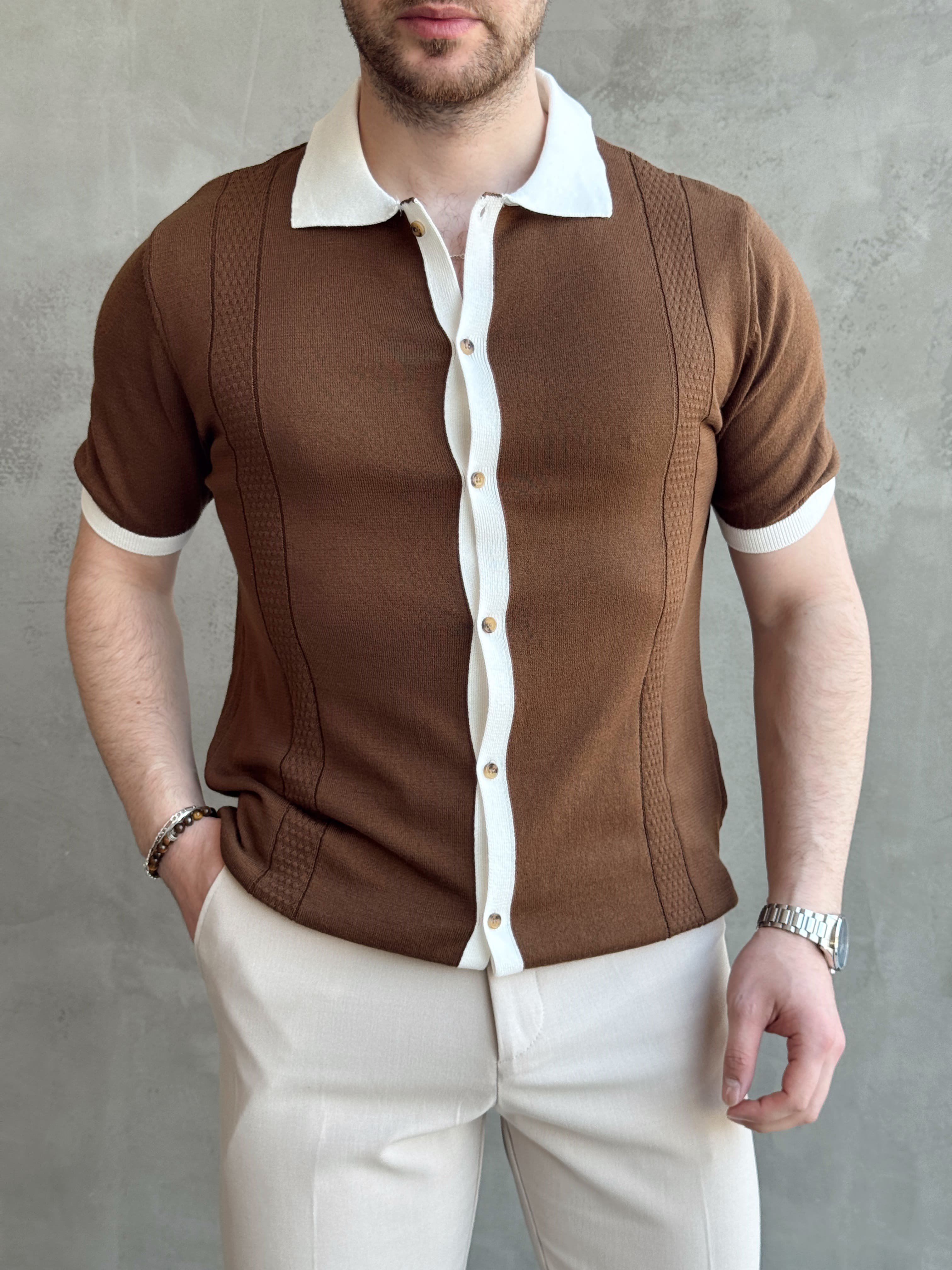 Erkek Modern Kesim Regular Kalıp Düğme Detaylı Ribanalı Triko T-Shirt-Kahverengi(E1696)Ketench