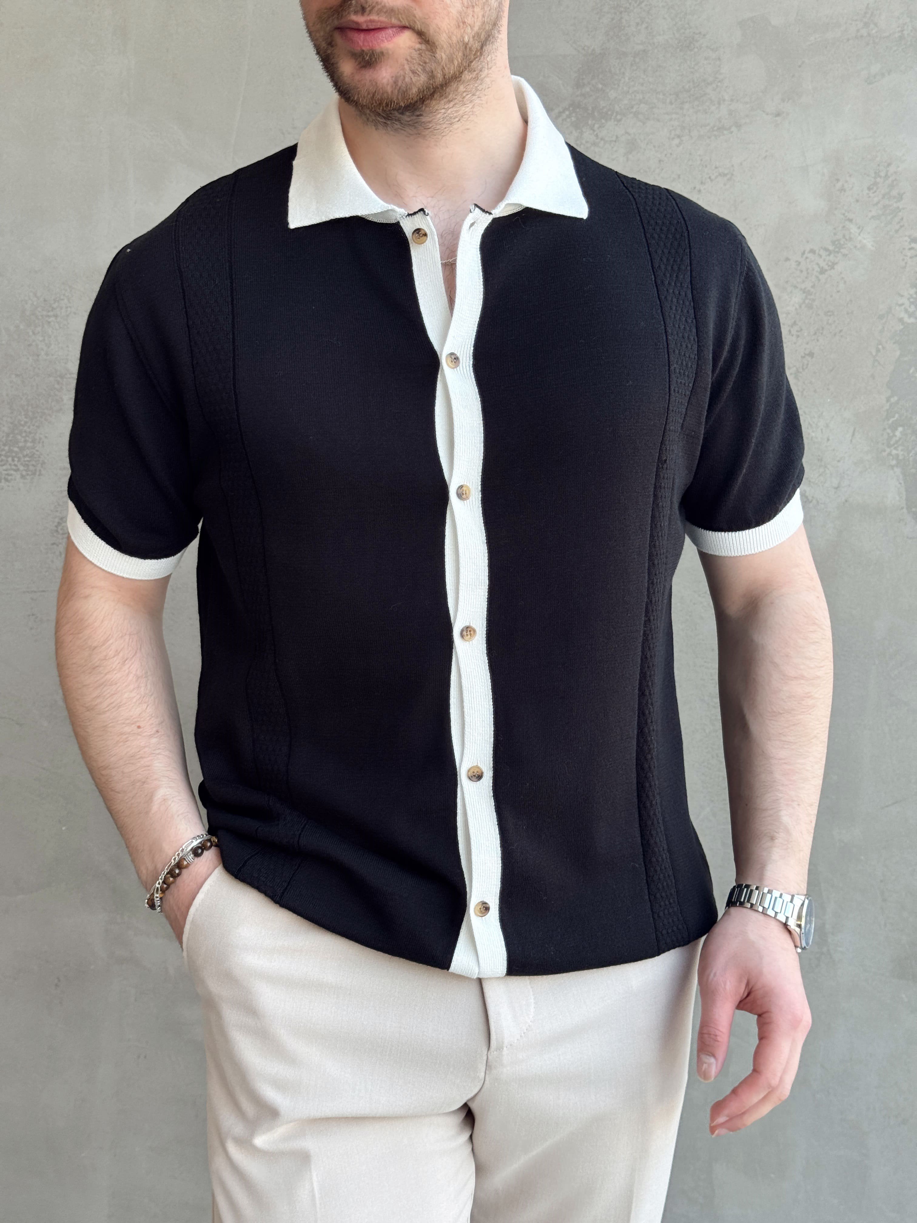 Erkek Modern Kesim Regular Kalıp Düğme Detaylı Ribanalı Triko T-Shirt-Siyah(E1696)Ketench