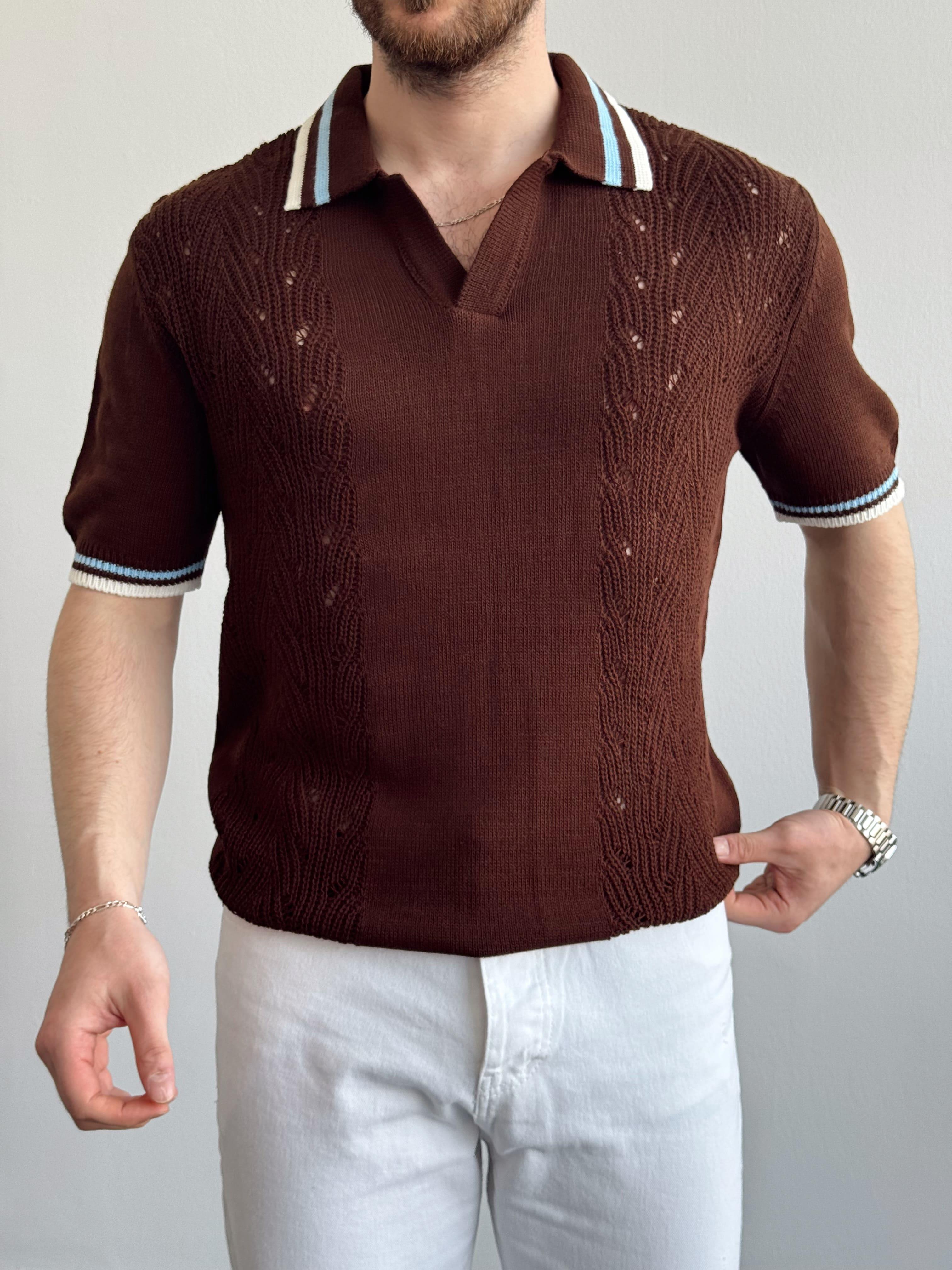Erkek Numaralandırılmış Özel Seri Çizgi Detay Oversize Kalıp Polo Yaka Triko T-Shirt-Kahverengi/Mavi(E1375)Ketench