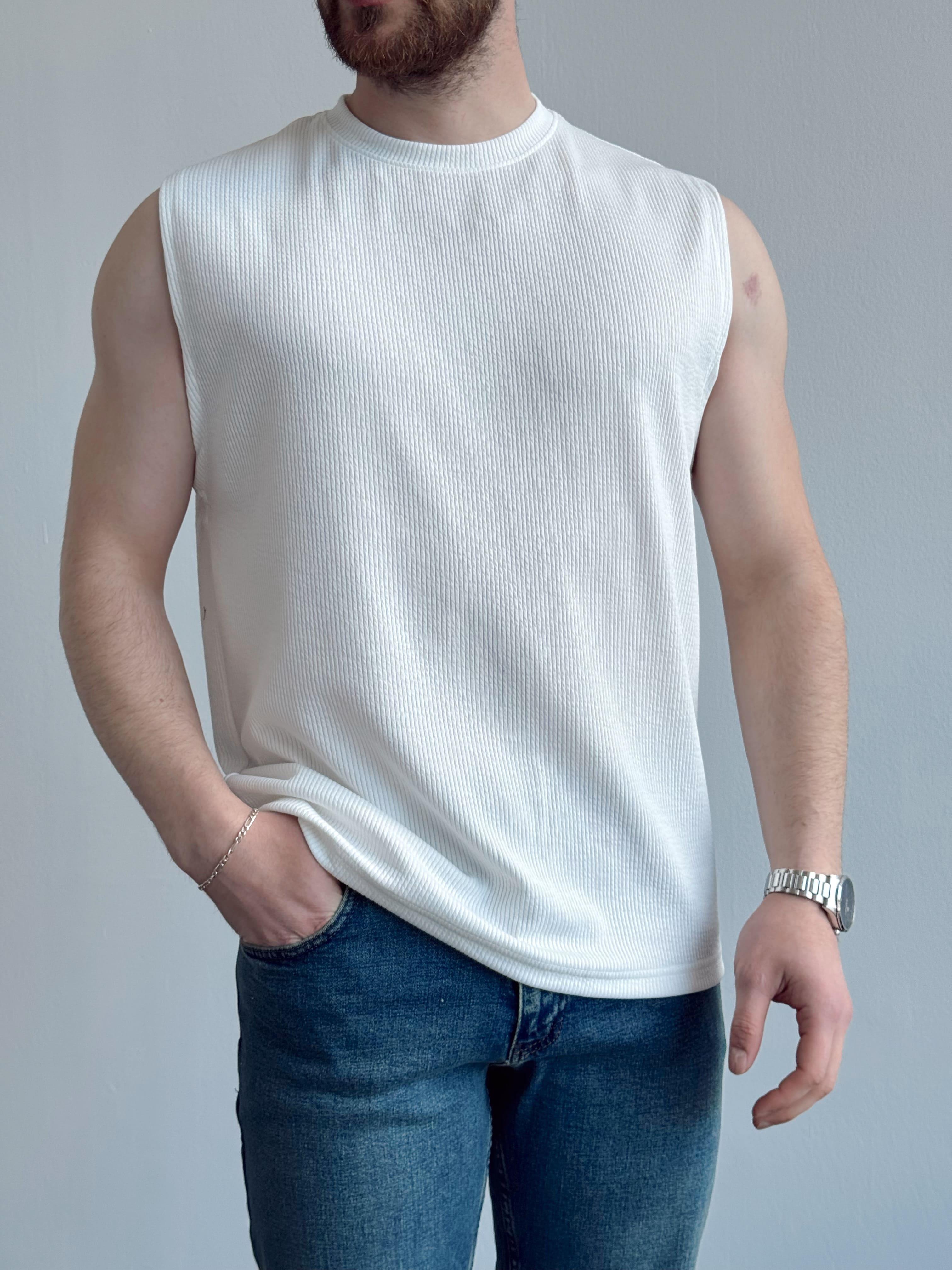 Erkek Numaralandırılmış Özel Seri Fitil Detay Oversize Kalıp Bisiklet Yaka Sıfır Kol T-Shirt-Beyaz(E1382)Ketench