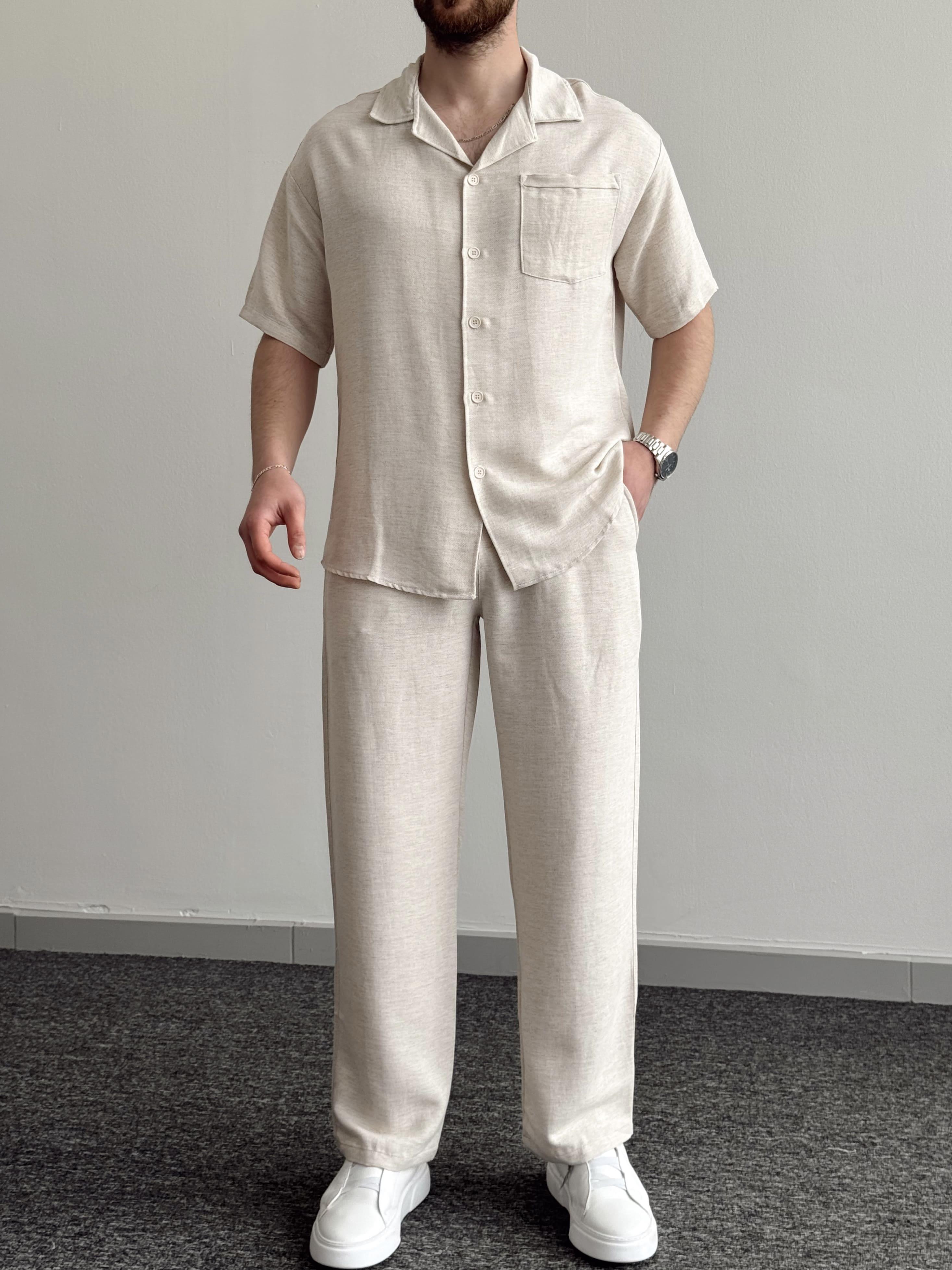 Erkek Numaralandırılmış Özel Seri Oversize Kalıp Cep Detay Gömlek Beli Lastik Detay Pantolon Takım-Bej(E1383)Ketench