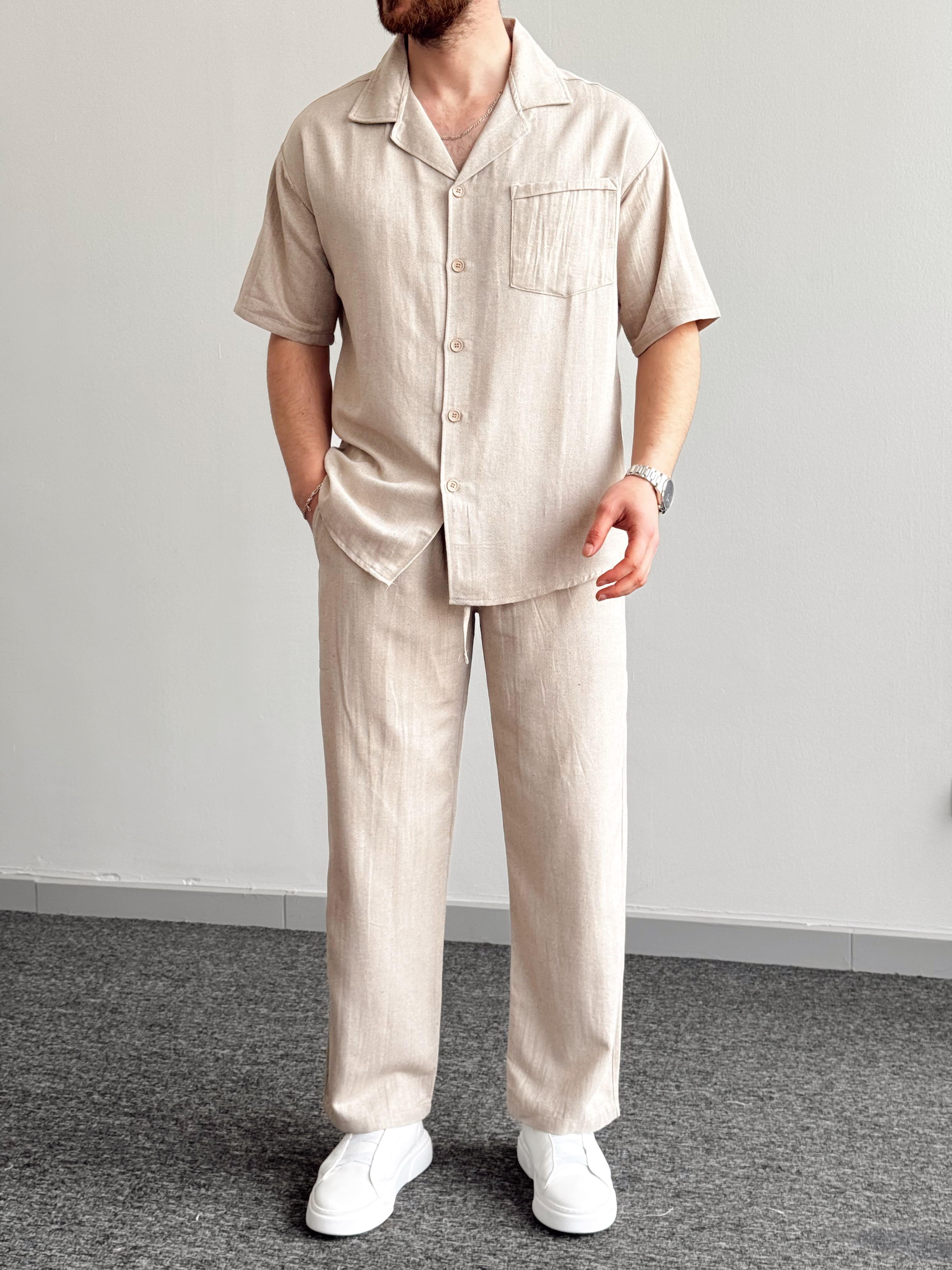 Erkek Numaralandırılmış Özel Seri Oversize Kalıp Cep Detay Gömlek Beli Lastik Detay Pantolon Takım-Vizon(E1383)Ketench