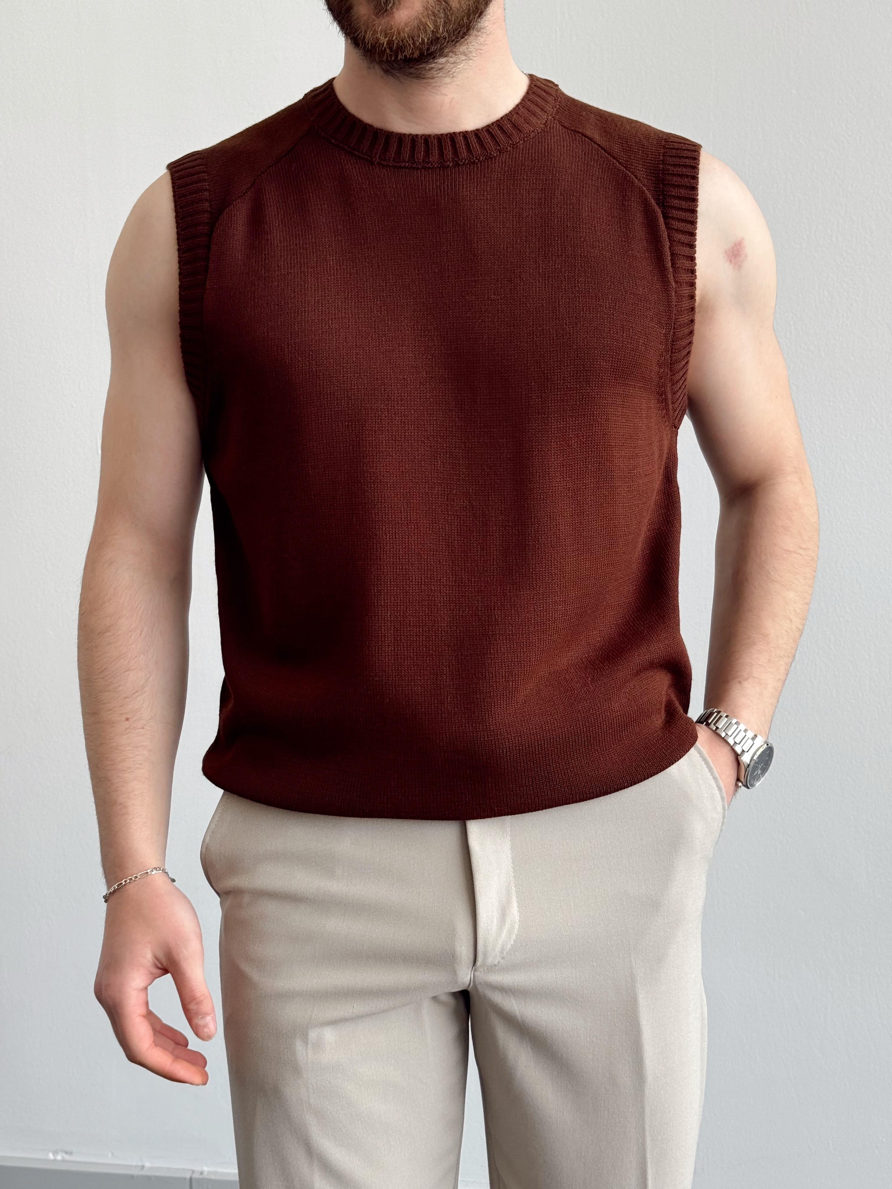 Erkek Numaralandırılmış Özel Seri Oversize Kalıp Bisiklet Yaka Sıfır Kol Triko T-Shirt-Kahverengi(E1380)Ketench
