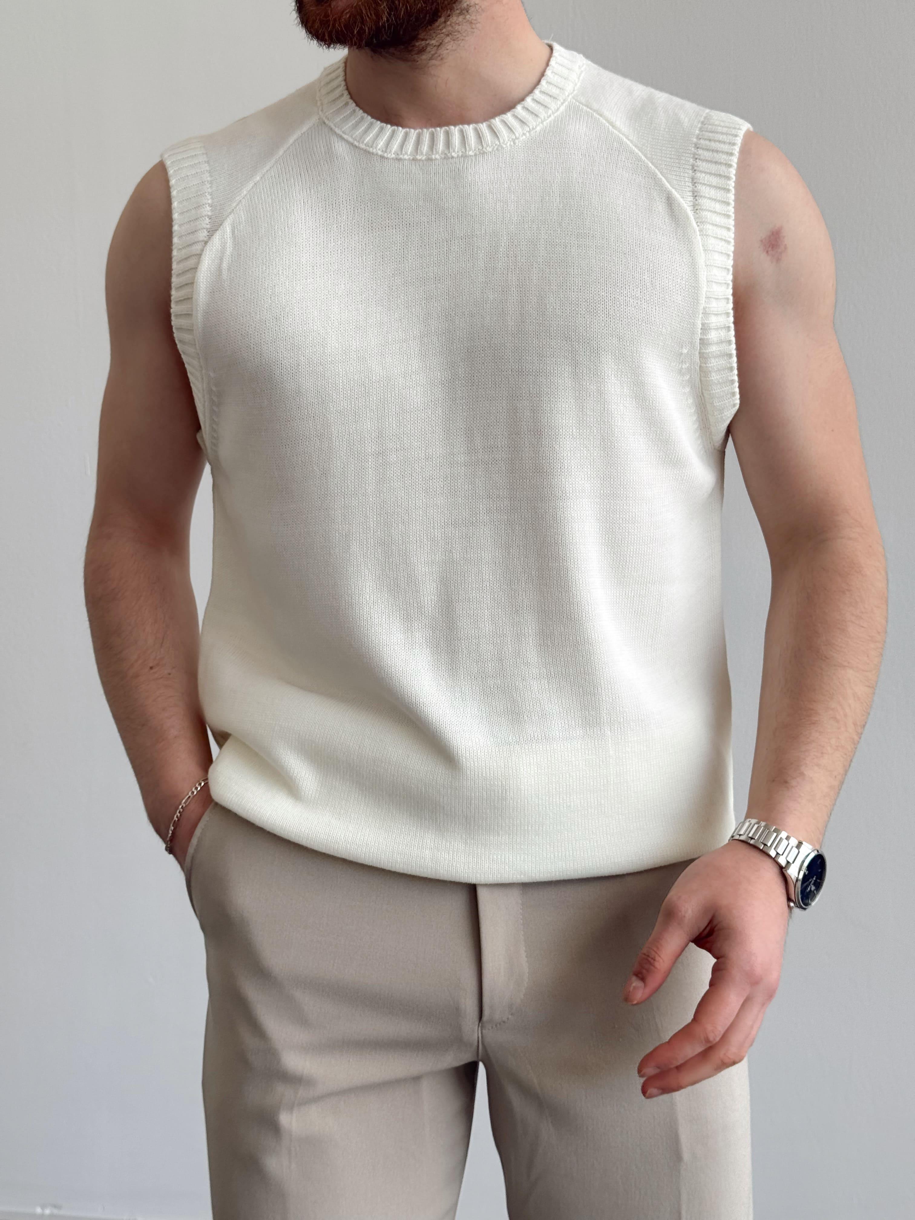 Erkek Numaralandırılmış Özel Seri Oversize Kalıp Bisiklet Yaka Sıfır Kol Triko T-Shirt-Ekru(E1380)Ketench