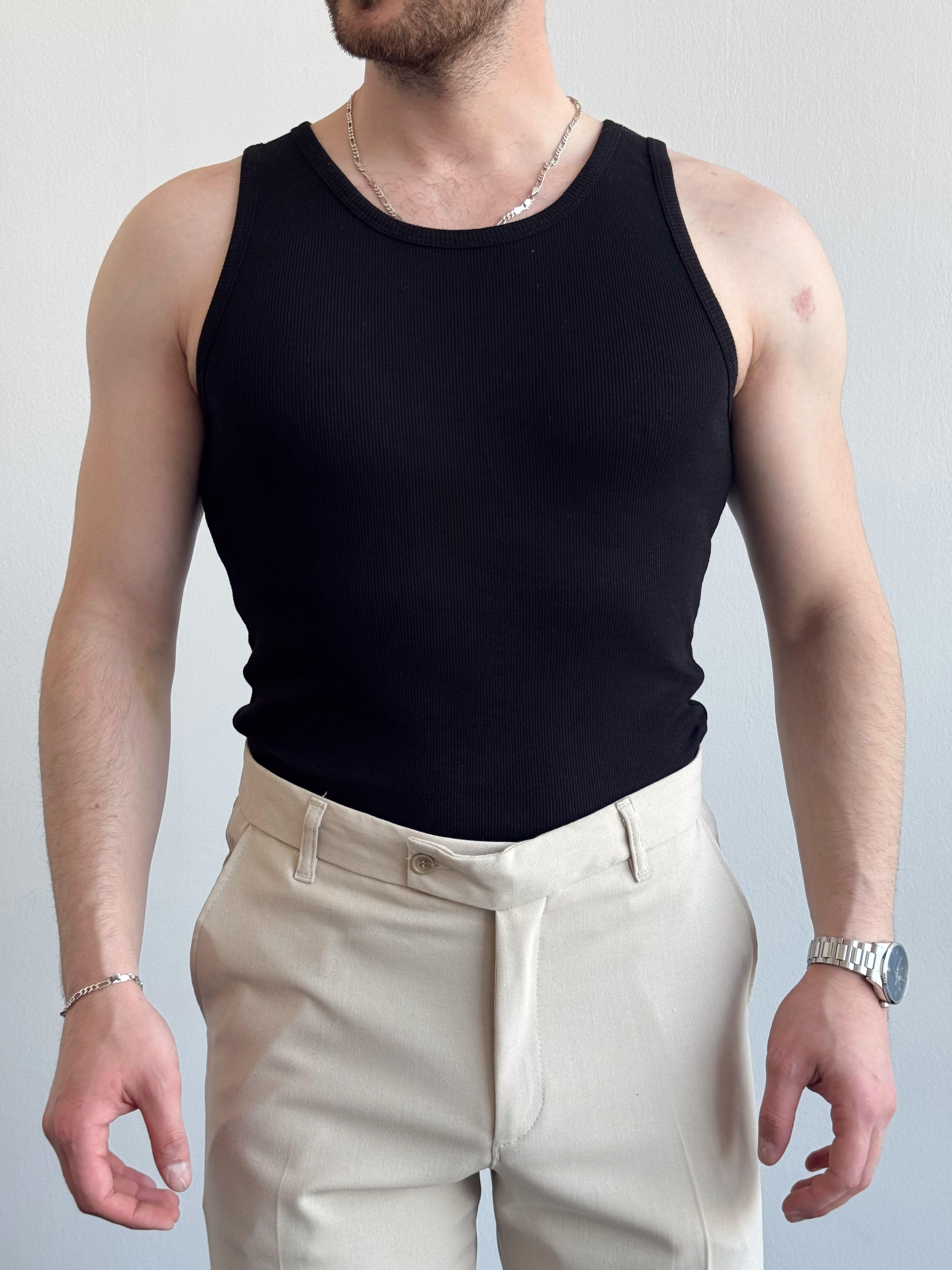 Erkek Numaralandırılmış Özel Seri Slim Fit Fitilli Atlet-Siyah(E1377)Ketench