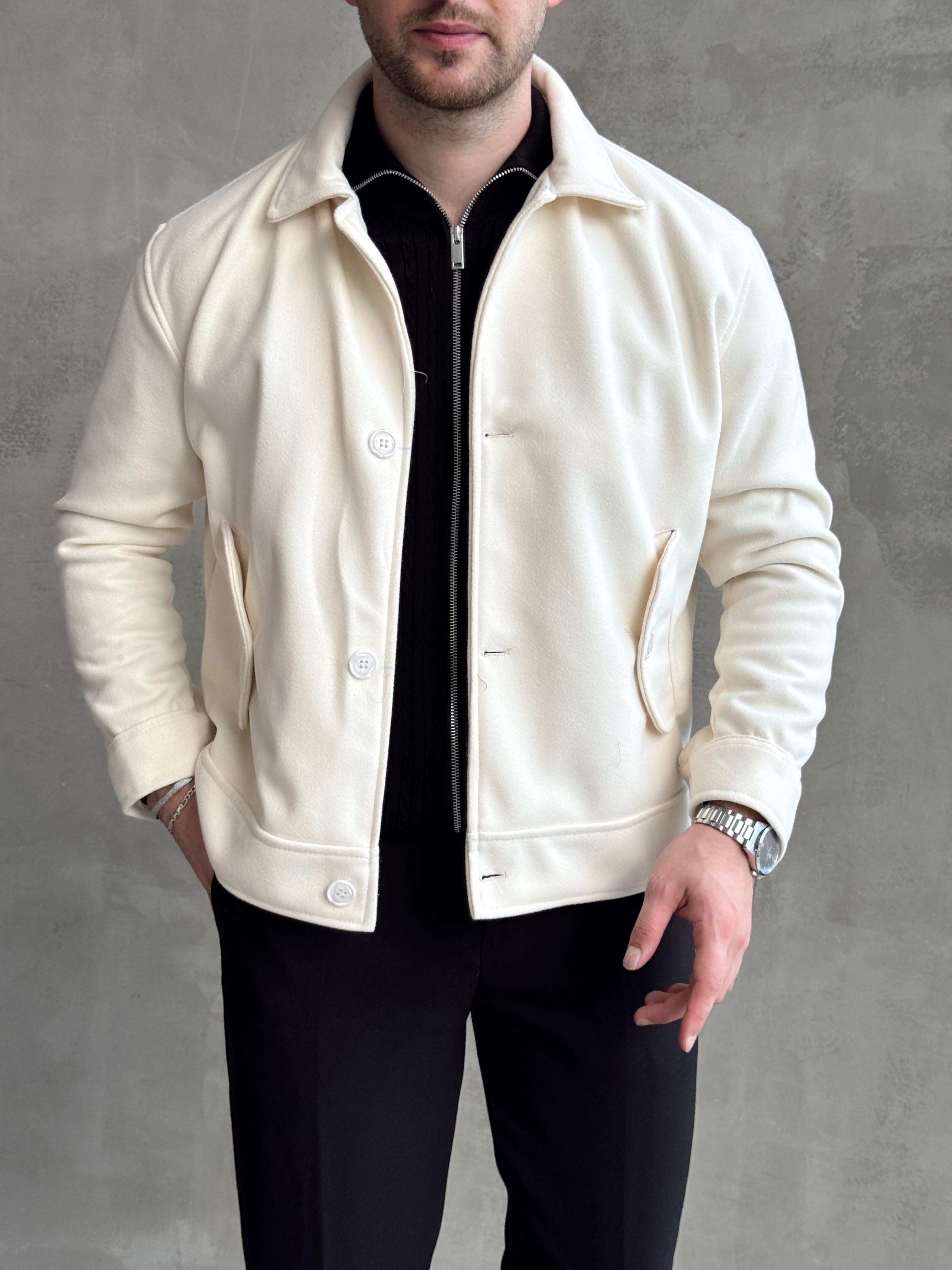 Erkek Öne Çıkan Regular Fit Cep Detaylı Düğmeli Kaşe Ceket-Krem(E1823)Ketench