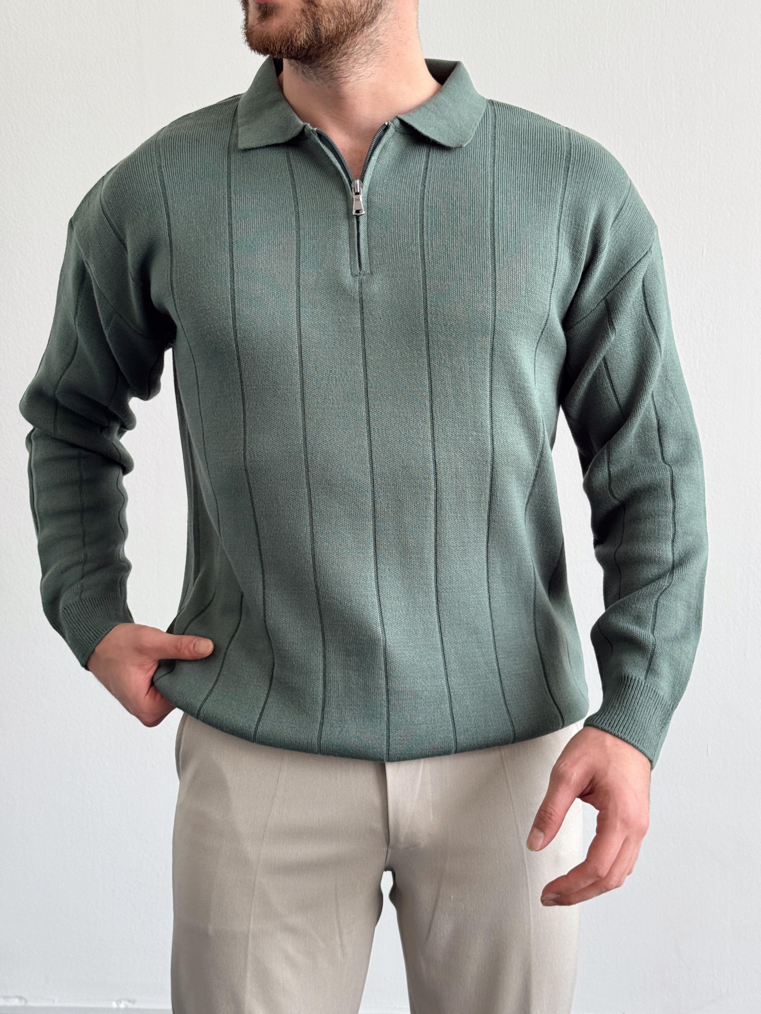 Erkek Oversize Fermuarlı Lines Knit Zipper Polo Yaka Kazak-Yeşil