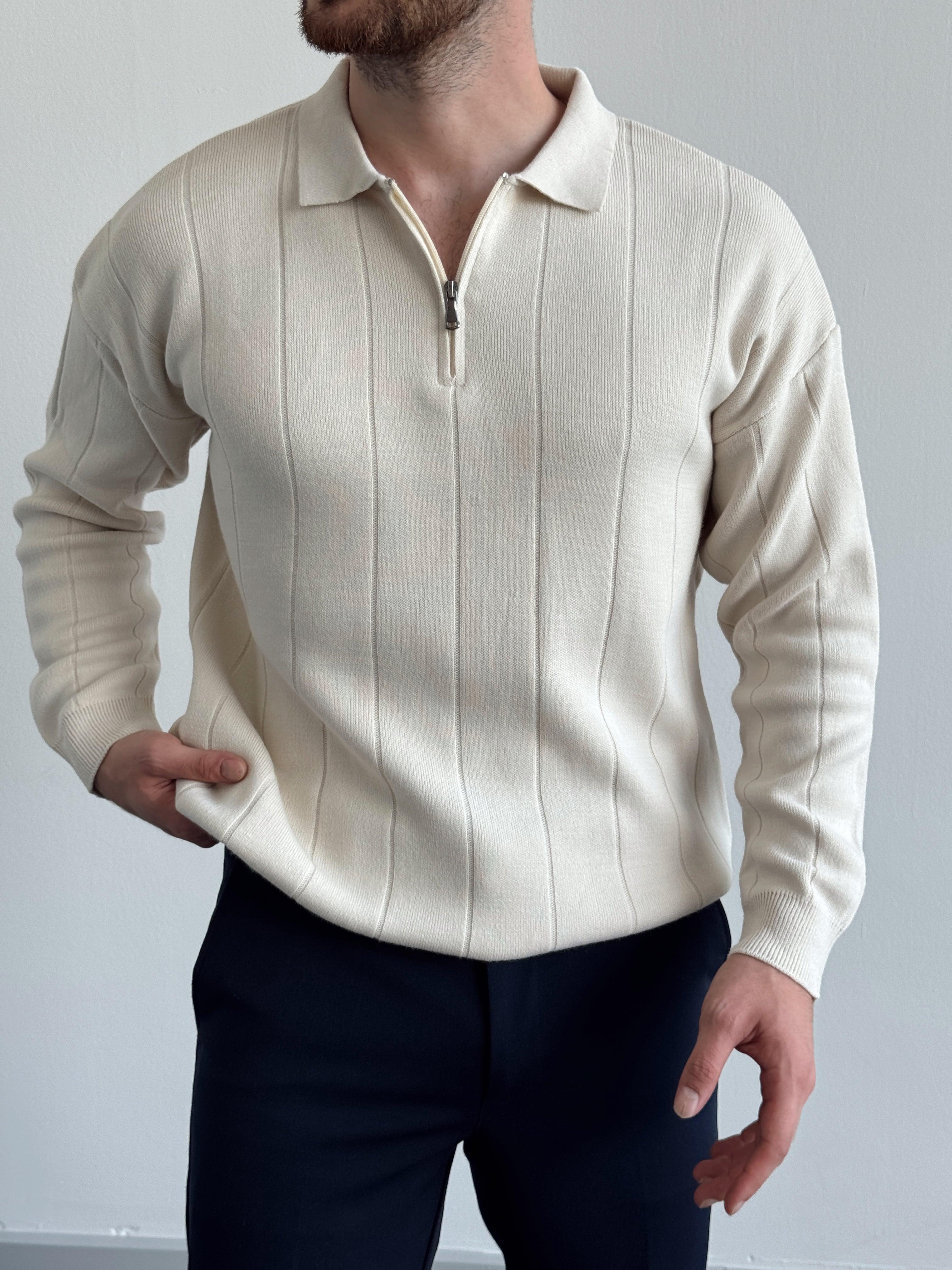 Erkek Oversize Fermuarlı Lines Knit Zipper Polo Yaka Kazak-Ekru