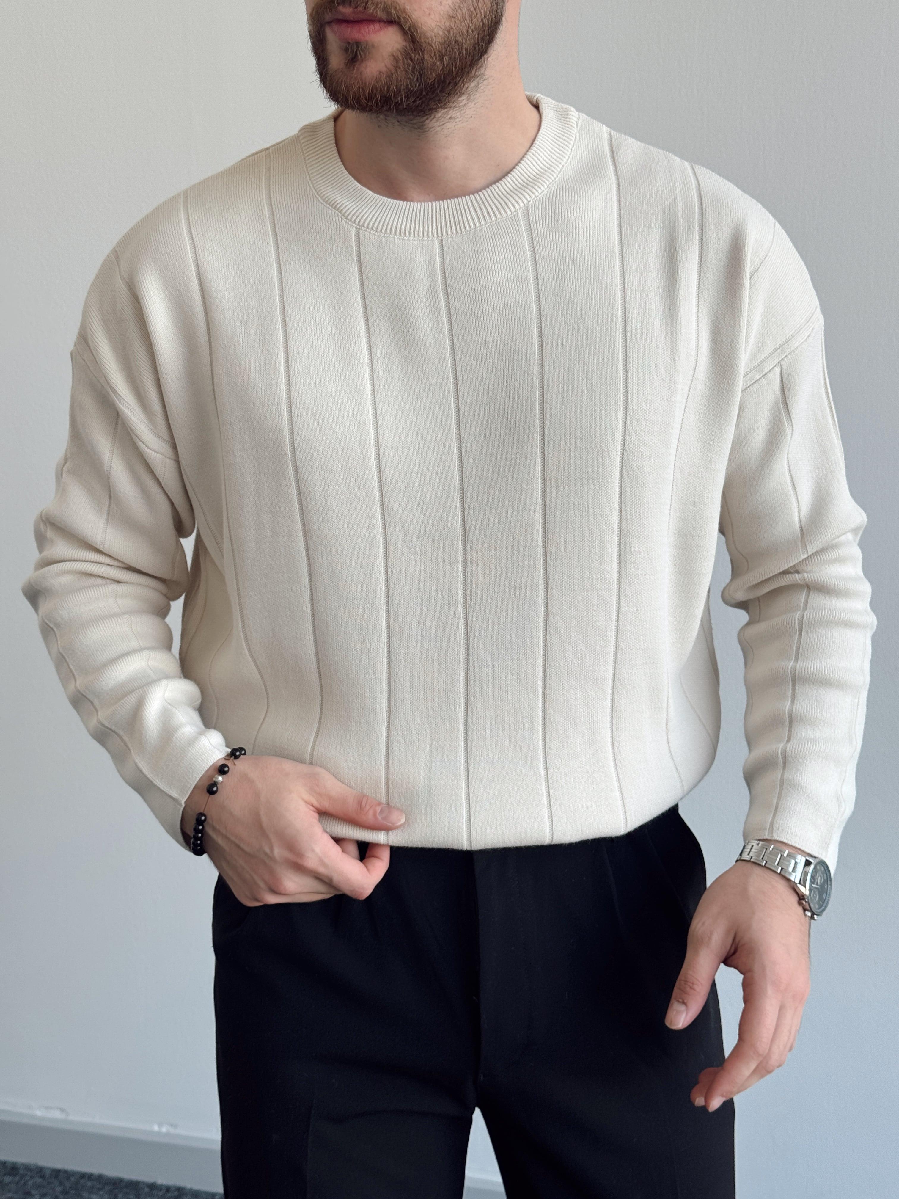 Erkek Oversize Lines Knit Bisiklet Yaka Kazak-Bej(E1161)