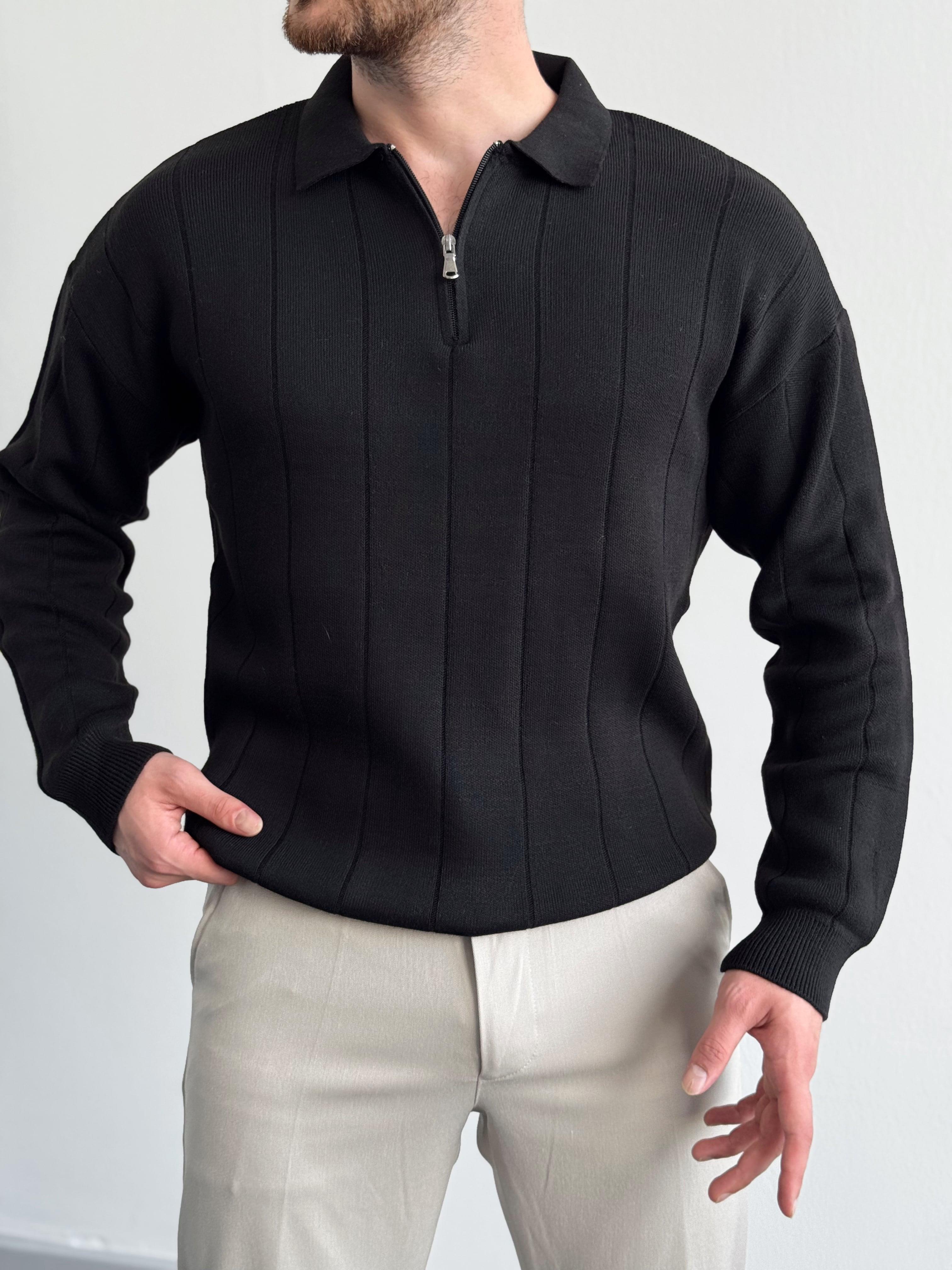 Erkek Oversize Fermuarlı Lines Knit Zipper Polo Yaka Kazak-Siyah