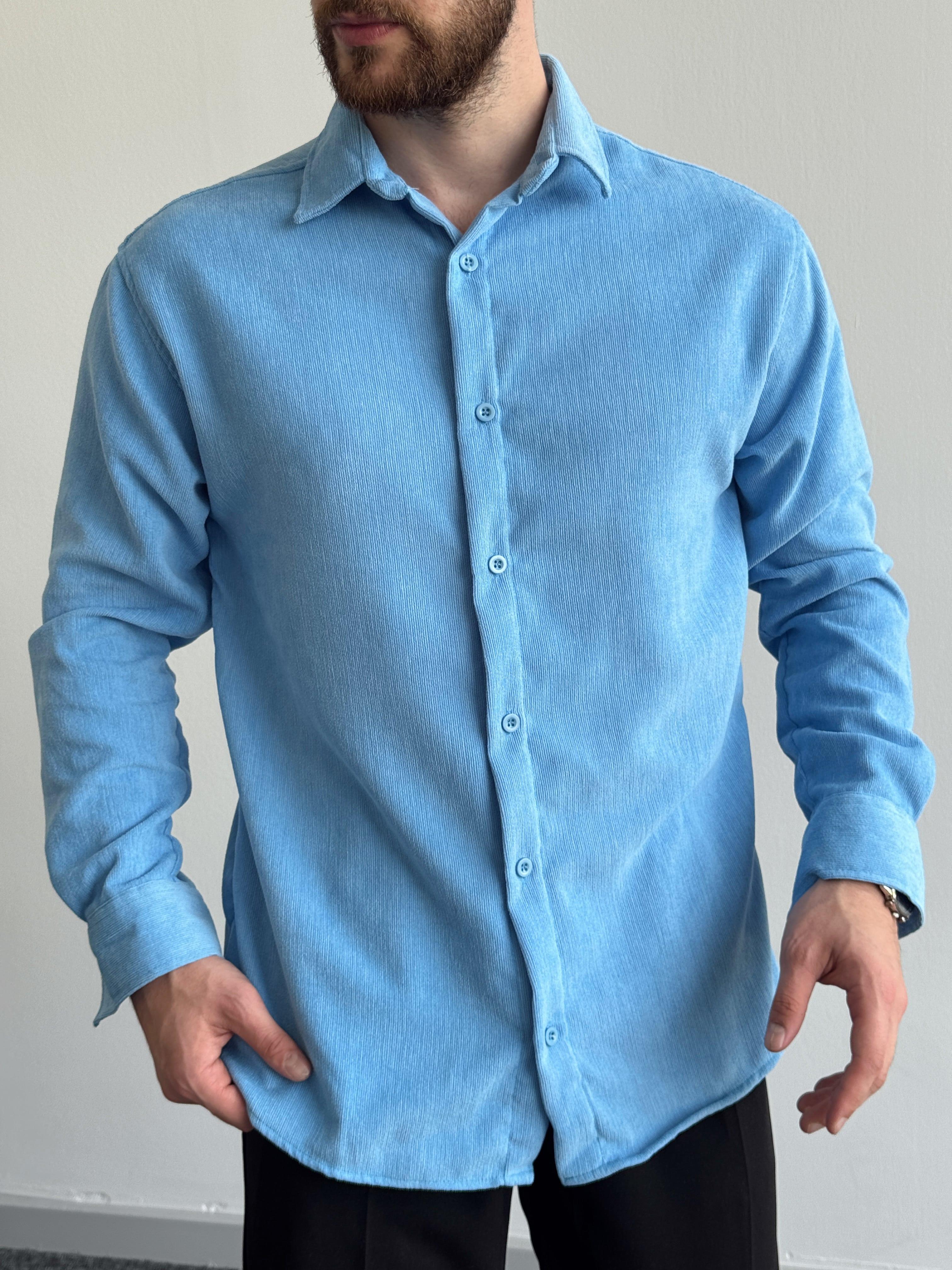 Erkek Oversize İnce Fitilli Cepsiz Kadife Gömlek-Mavi(E1163)Ketench